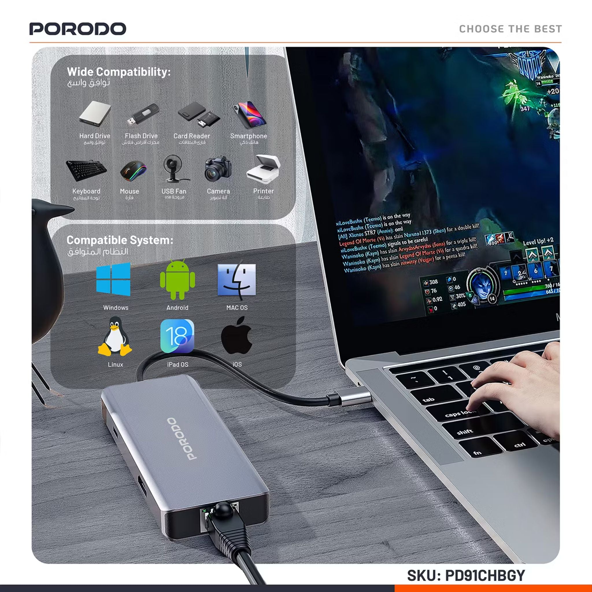 Porodo 9-in-1 USB-C Hub 4K HDMI Ethernet with 100W Power Delivery, 3.5mm Aux, USB-C Version 3.2, 10Gbps Data Transfer Speed, SD & Micro SD Memory Slot - Gray