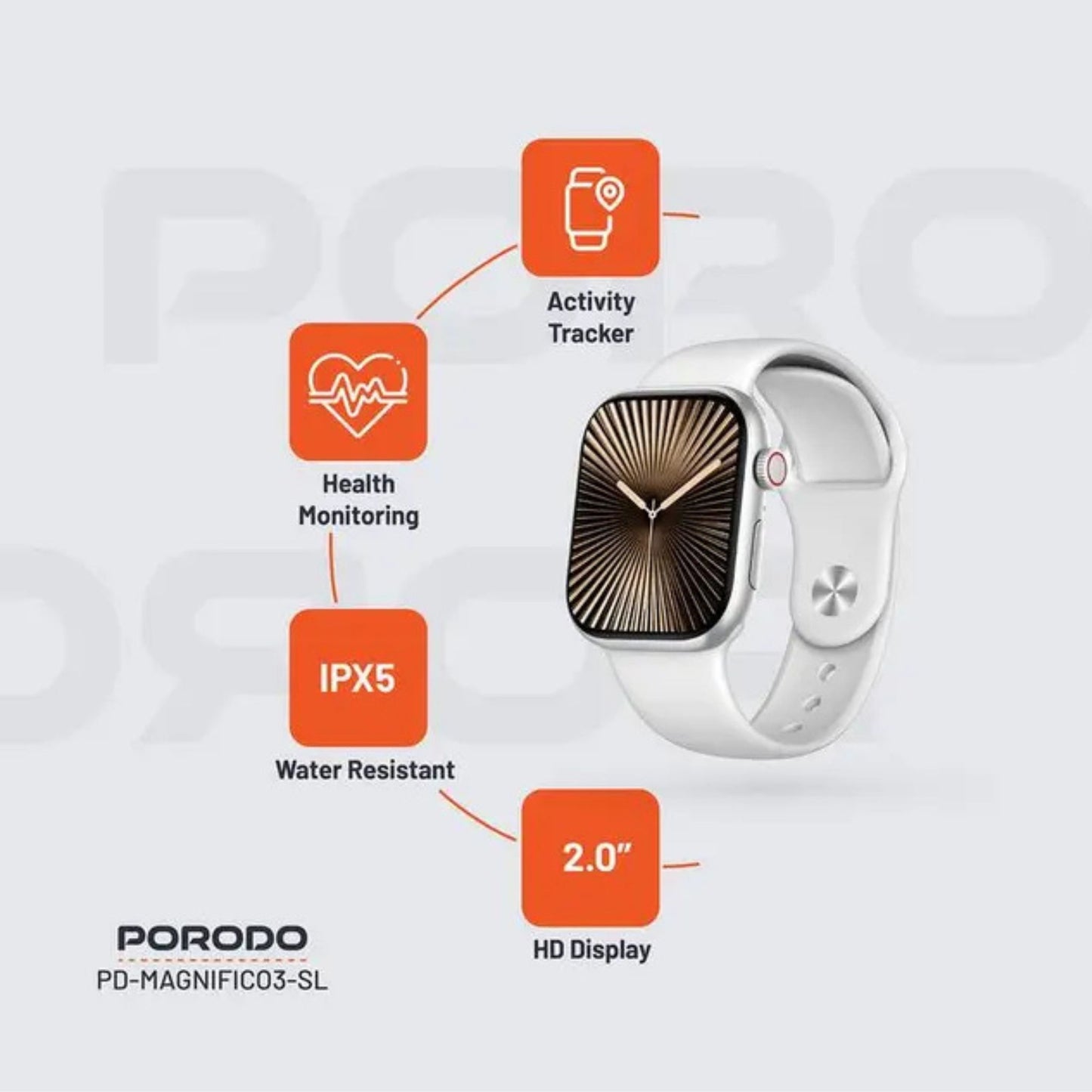 Porodo Magnifico 3 Smart Watch with Dual Straps, Up to 5 Days of Working Time Activity Tracker & Health Monitoring, Music Control, Apps Notification, Camera Shutter, Multiple Sports Mode - Silver