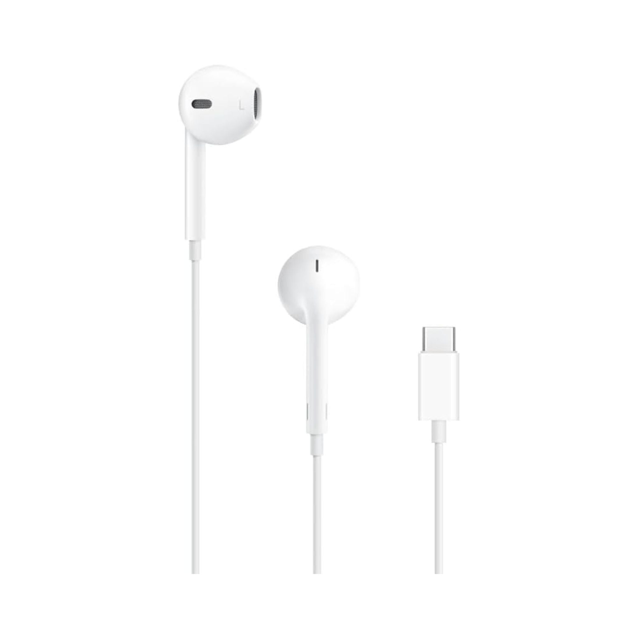 A pair of white Apple EarPods (USB-C) in-ear headphones with a lightning connector.
