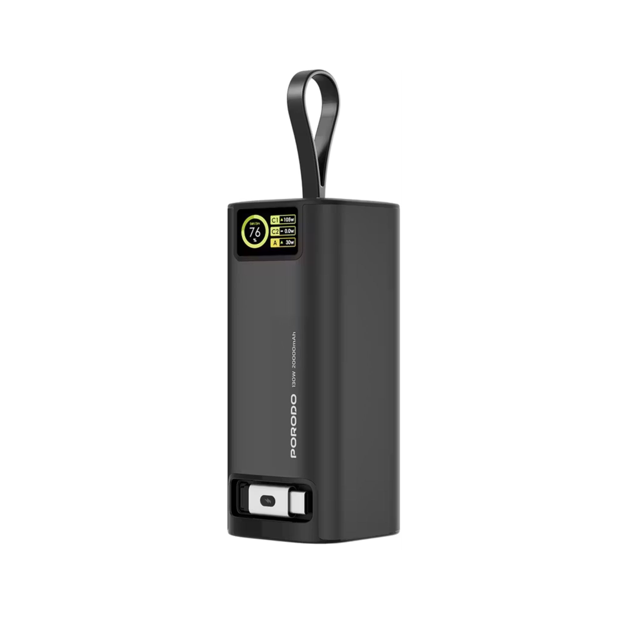 Black power bank with digital display on a white background