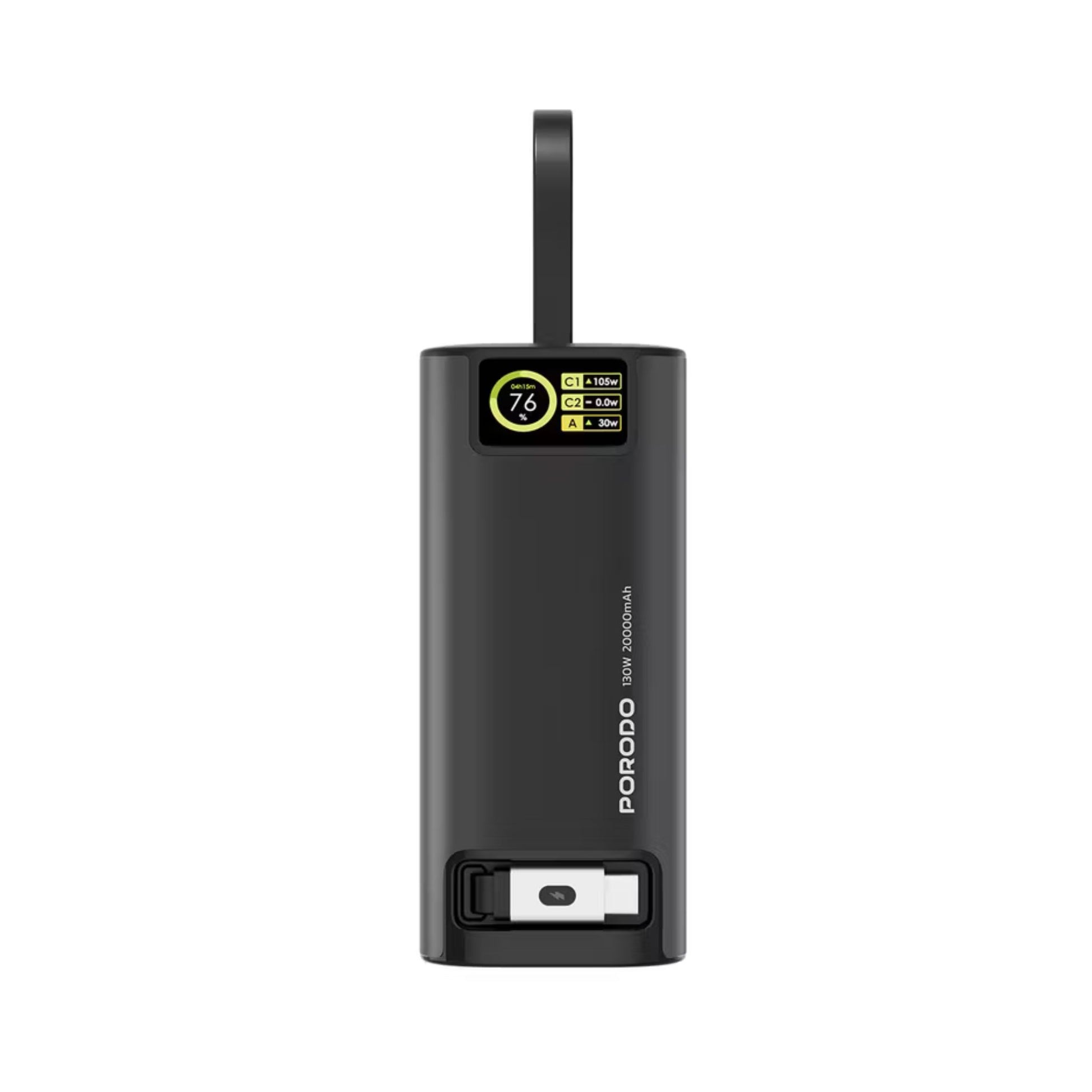 Black electronic device with a digital display on a white background