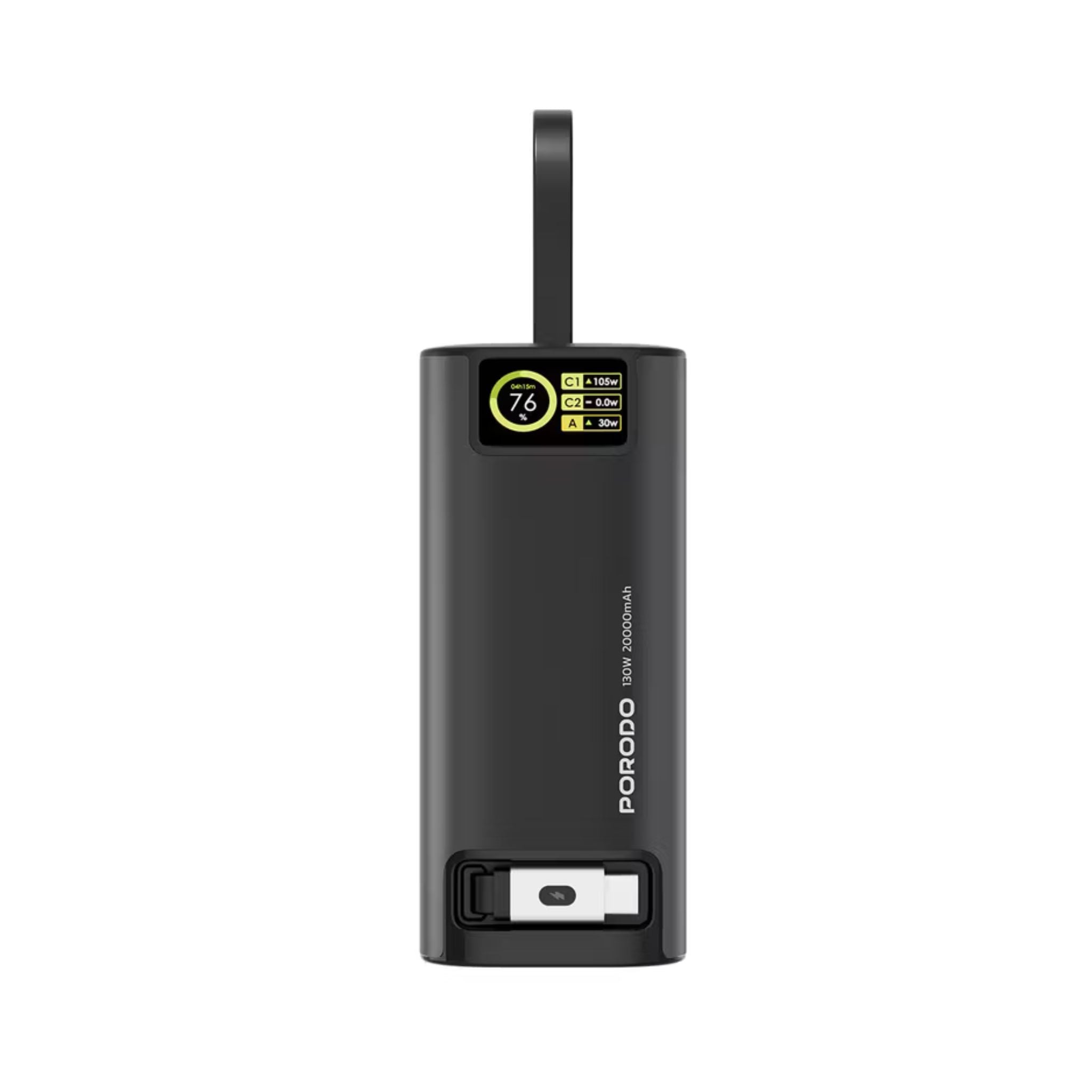 Black electronic device with a digital display on a white background