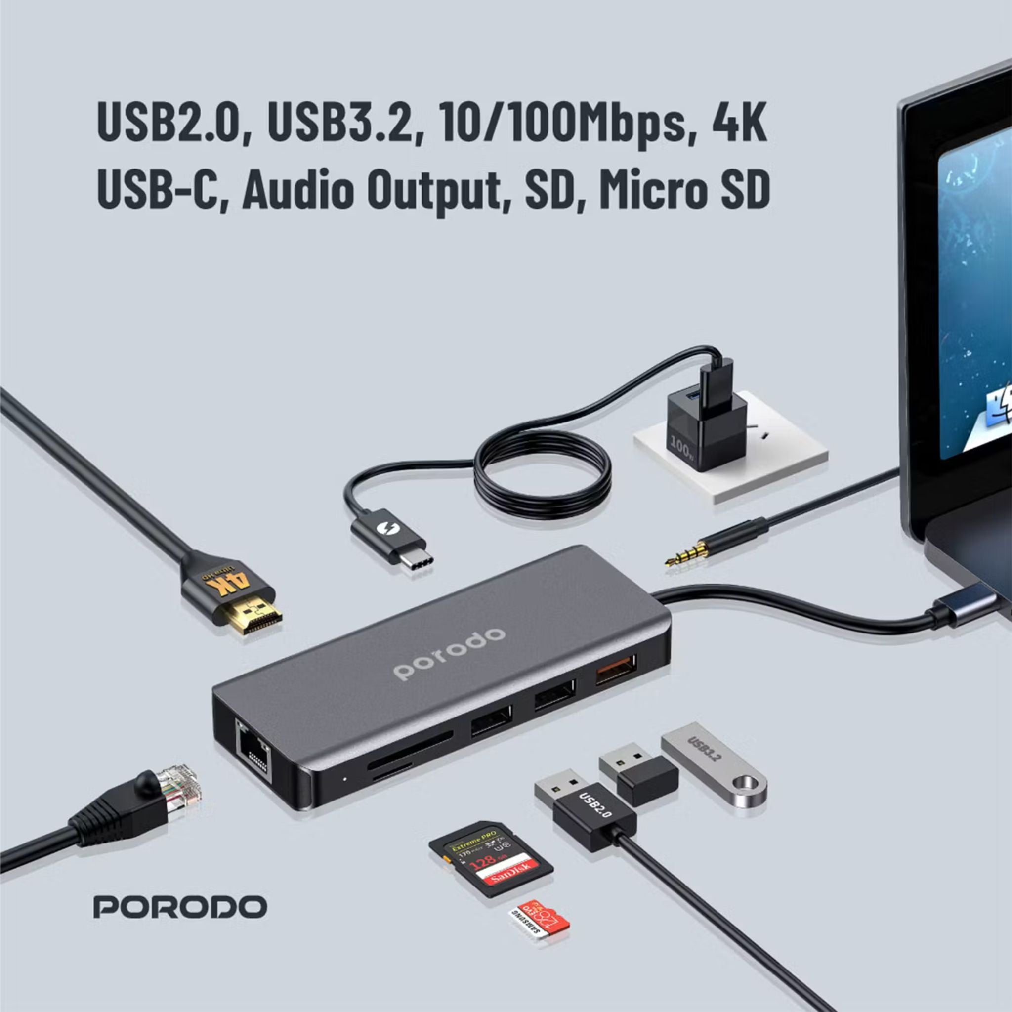 Porodo 9-in-1 USB-C Hub 4K HDMI Ethernet with 100W Power Delivery, 3.5mm Aux, USB-C Version 3.2, 10Gbps Data Transfer Speed, SD & Micro SD Memory Slot - Gray
