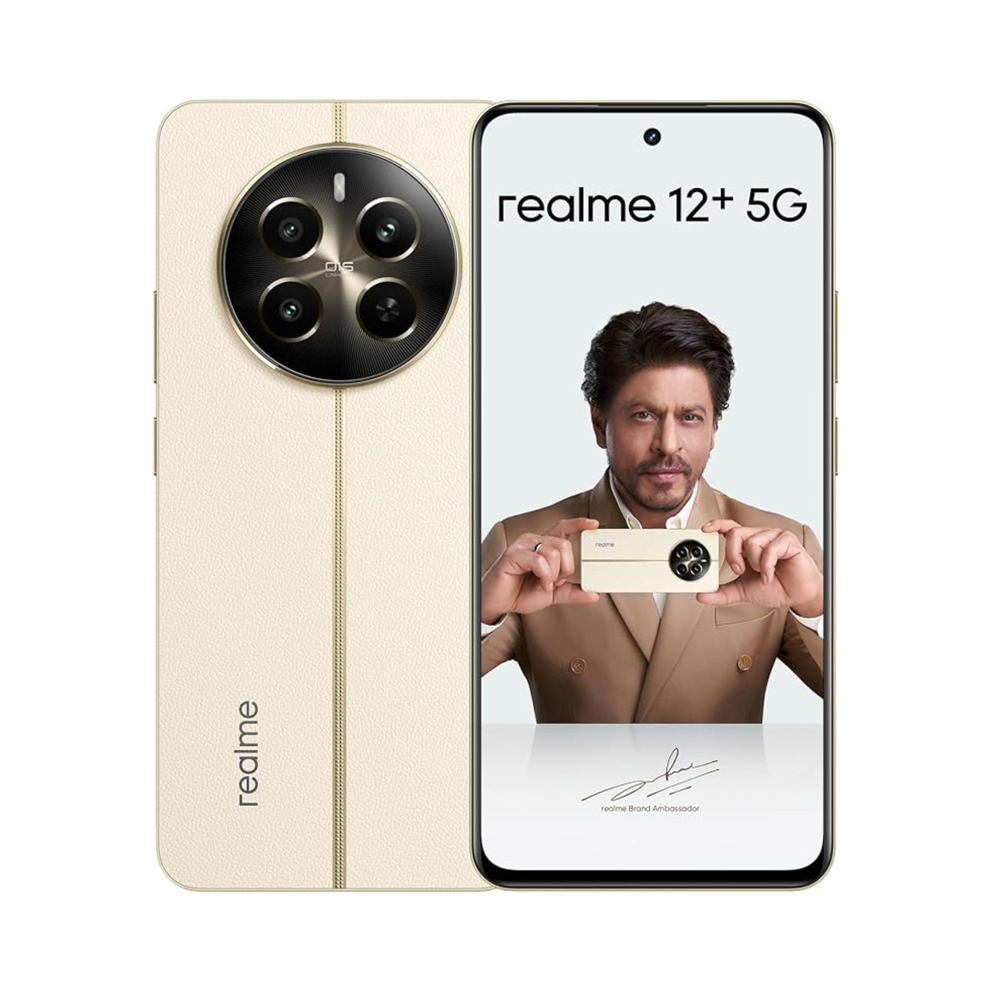Realme 12+ 5G smartphone with a person holding an old camera on a white background