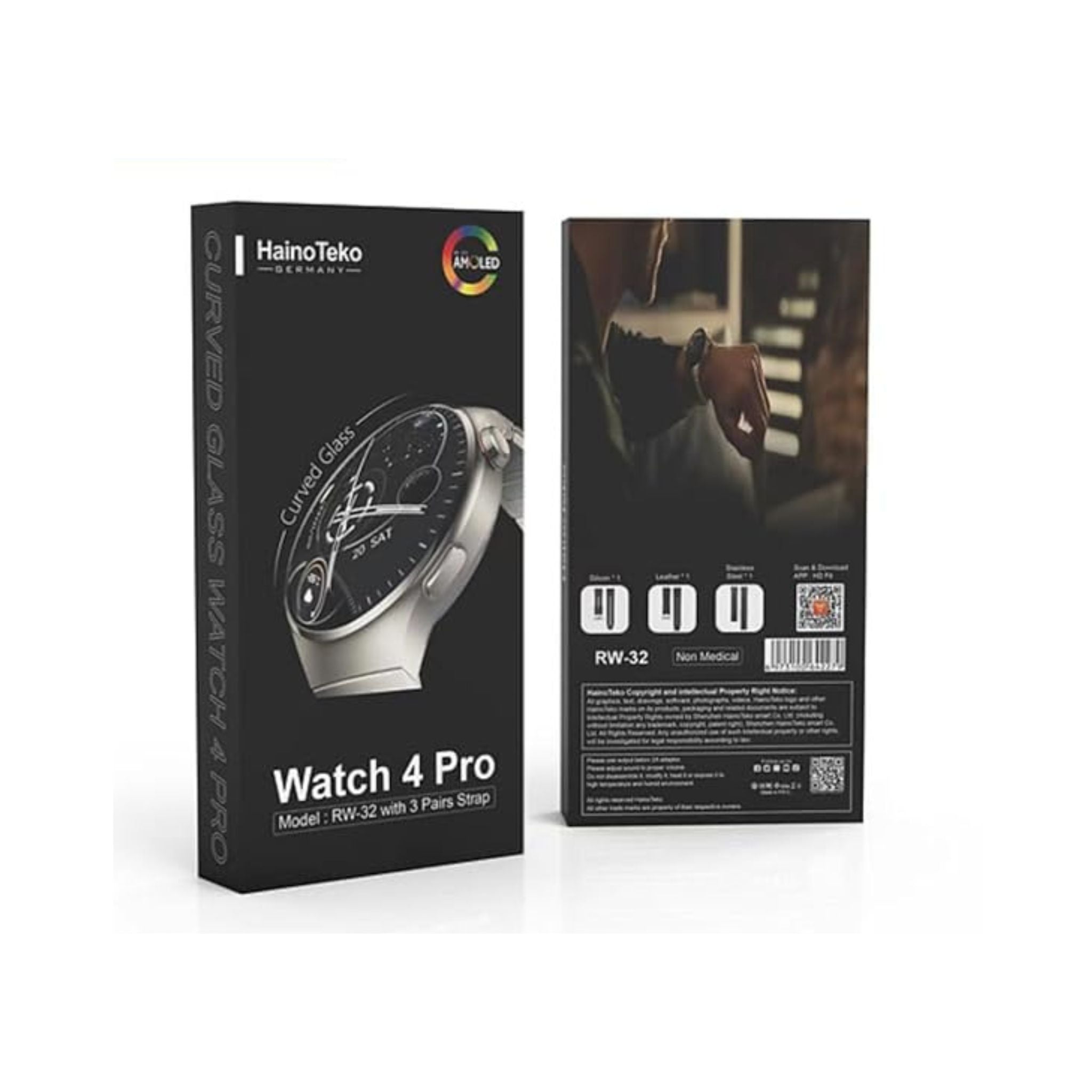 Haino Teko RW-32 Smart Watch_AMOLED_Carved Glass Display-Silicone + Stainless Steel 3 Strap,Bluetooth_Black