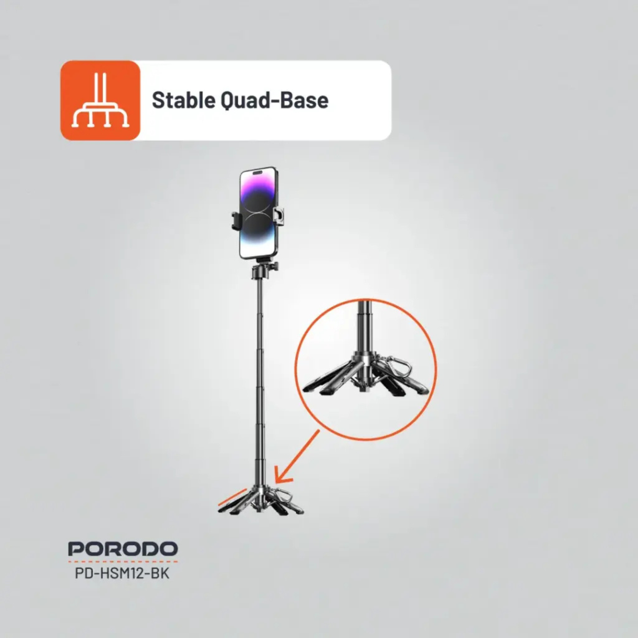Porodo Foldable Selfie Stick with Tripod, ABS & Aluminum Alloy Material, Up to 5,000 photos Working Time, 1Hour Charging Time - Black