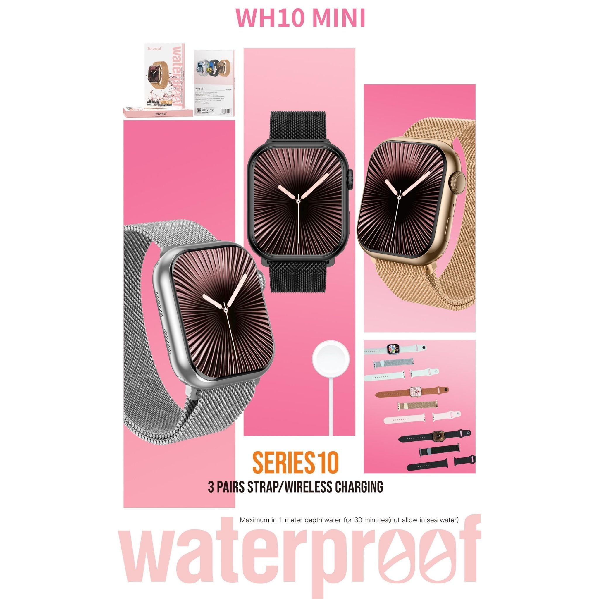 Telzeal WH10 Mini Series 10 Smart Watch – 1.43" AMOLED Display, 30M Depth Waterproof, Fitness & Health Tracking, Compatible with Android & iOS, Silicone Strap-Black