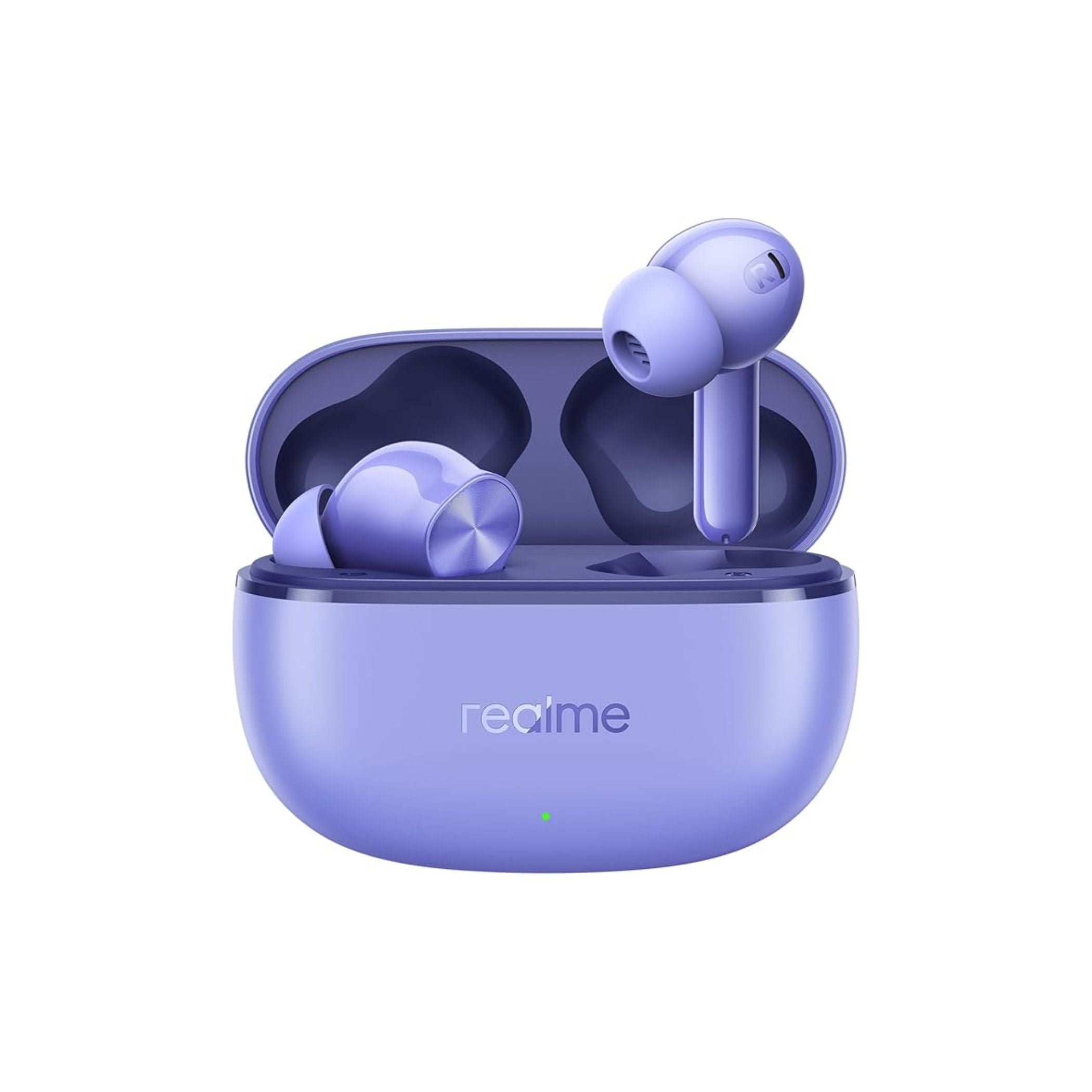 Purple wireless earbuds with charging case on a white background, featuring the Realme brand.