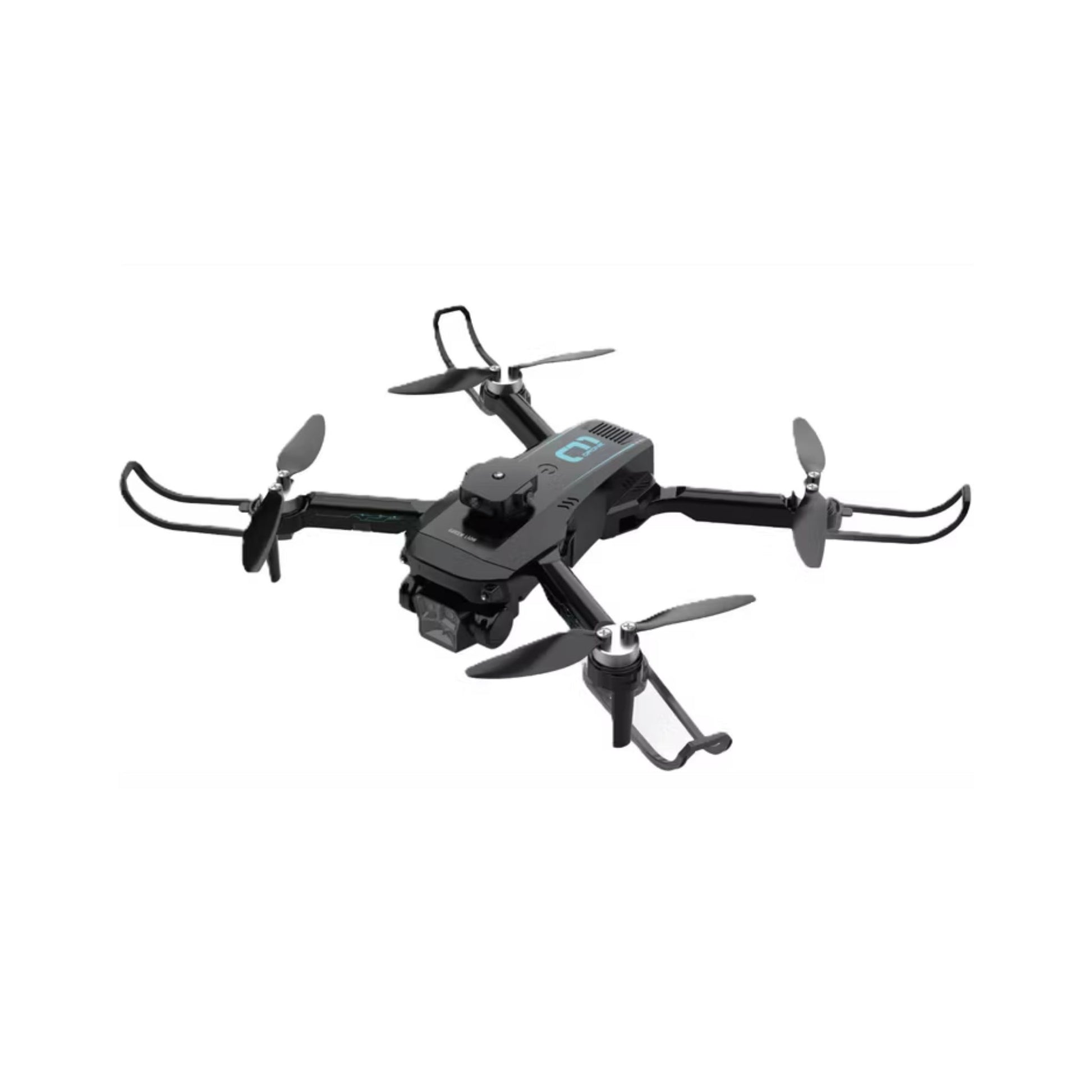Black drone with propellers on a white background
