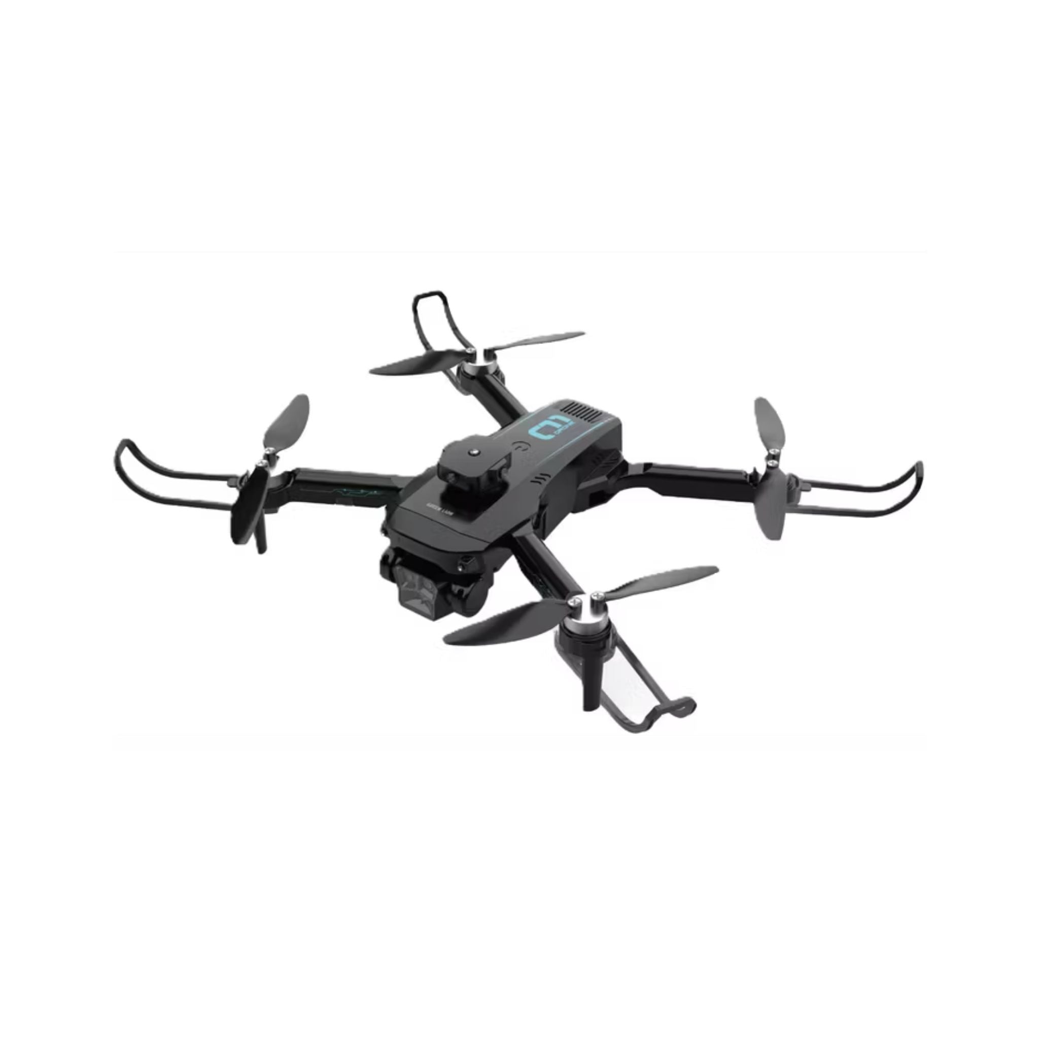Black drone with propellers on a white background