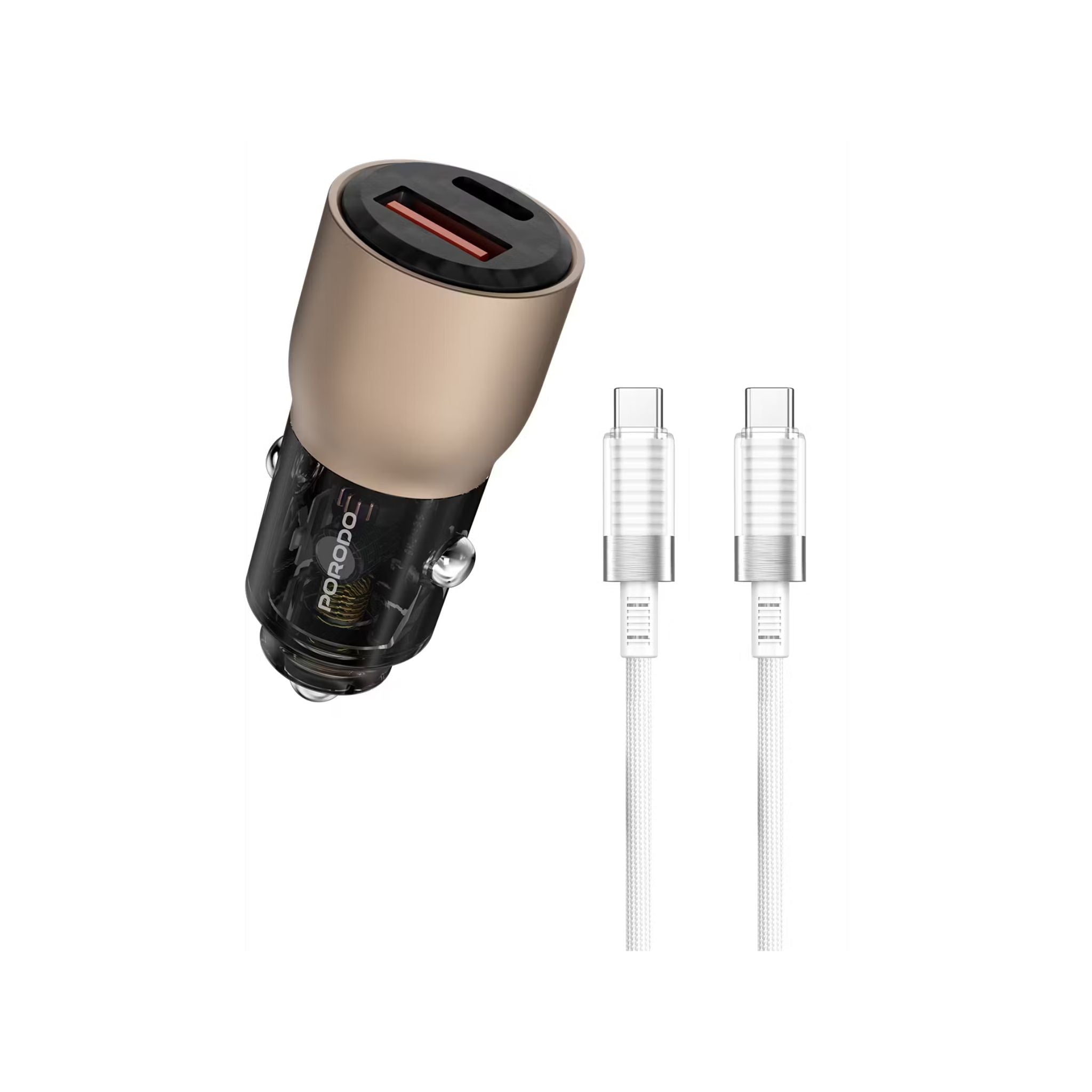 Porodo 95W Transparent Car Charger with 90cm USB-C to USB-C Cable, Zinc Alloy & PC Material, 30W USB-A & 65W USB-C Outputs, Simultaneous Fast Charging, Universal Compatibility - Desert Titanium