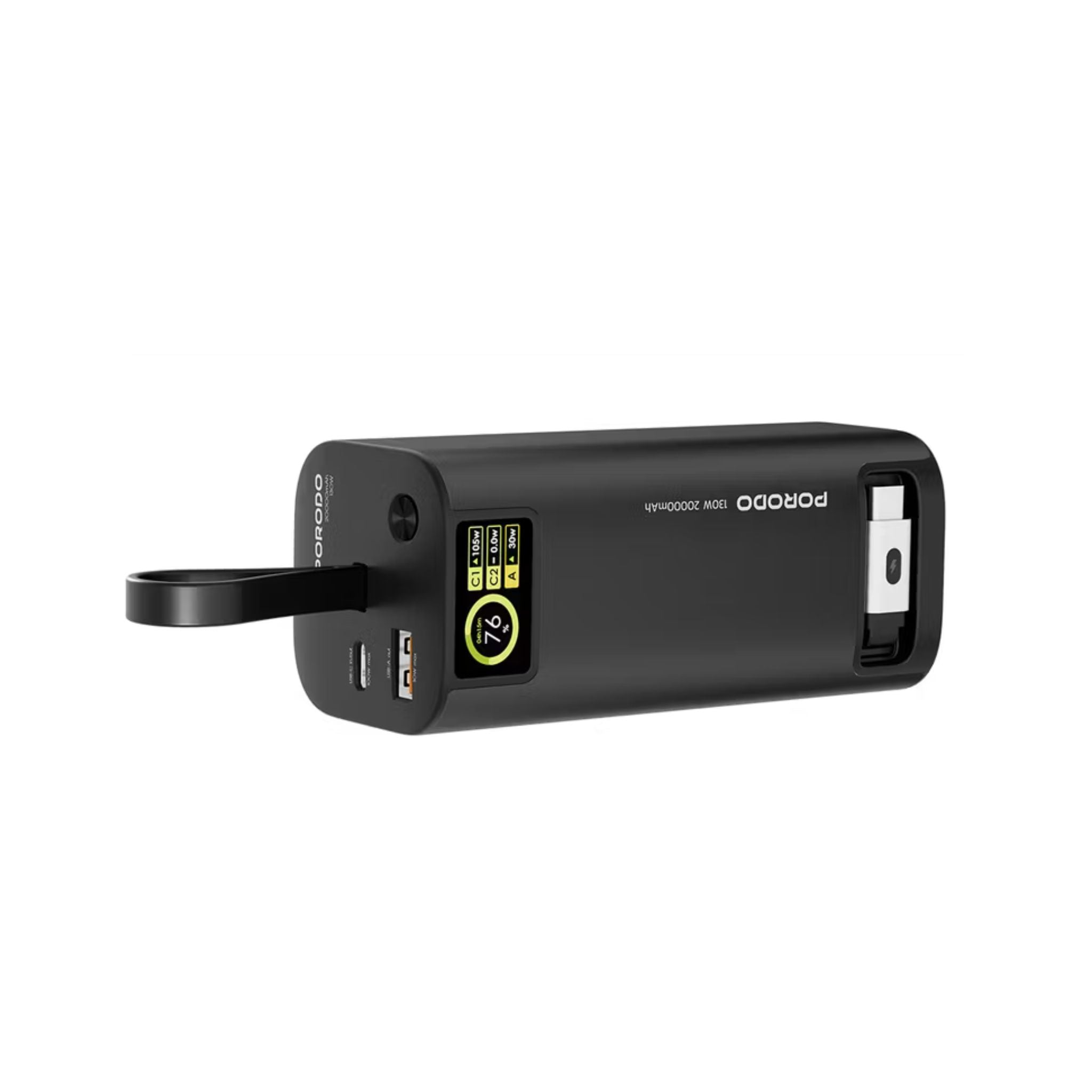 Porodo 20000mAh 130W Power Bank with 1m Retractable Type-C Cable, 100W Power Delivery, Suitable for Laptop Charging, Digital Display - Black