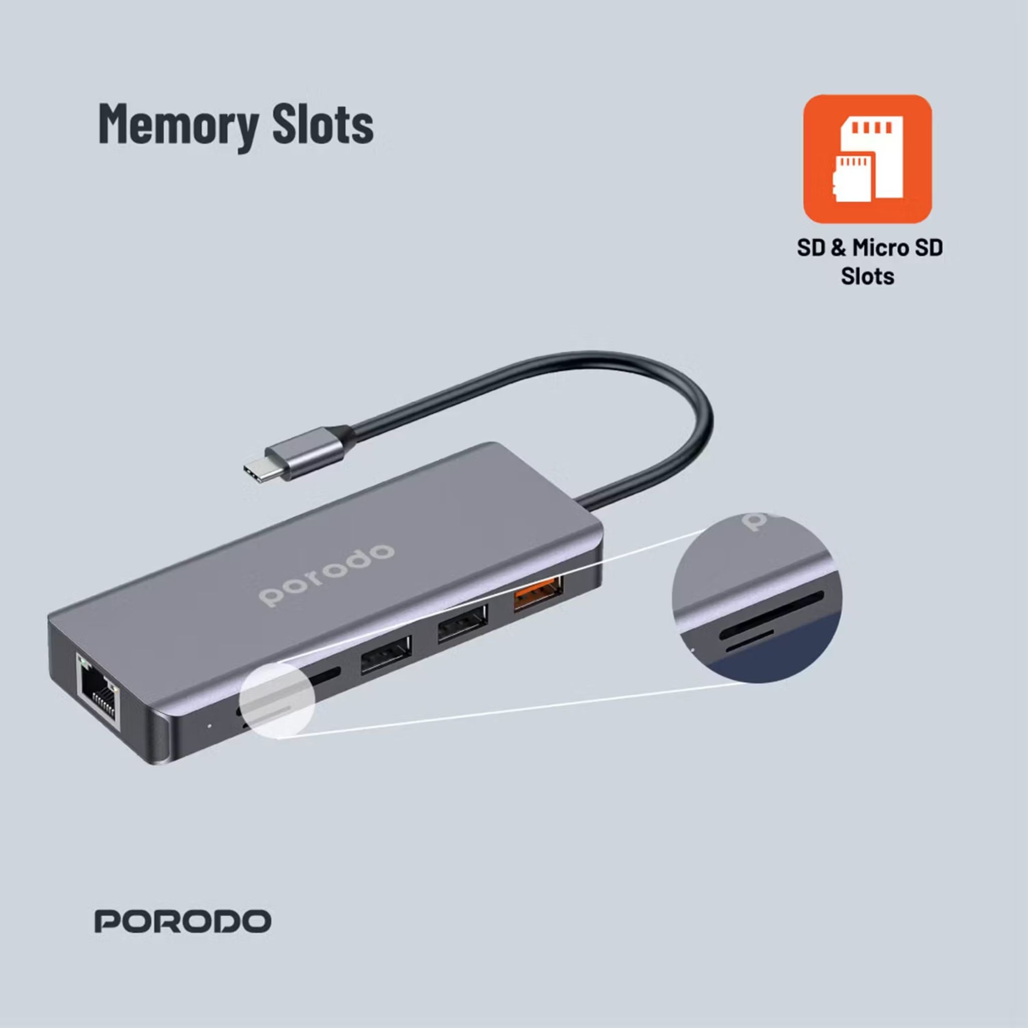 Porodo 9-in-1 USB-C Hub 4K HDMI Ethernet with 100W Power Delivery, 3.5mm Aux, USB-C Version 3.2, 10Gbps Data Transfer Speed, SD & Micro SD Memory Slot - Gray