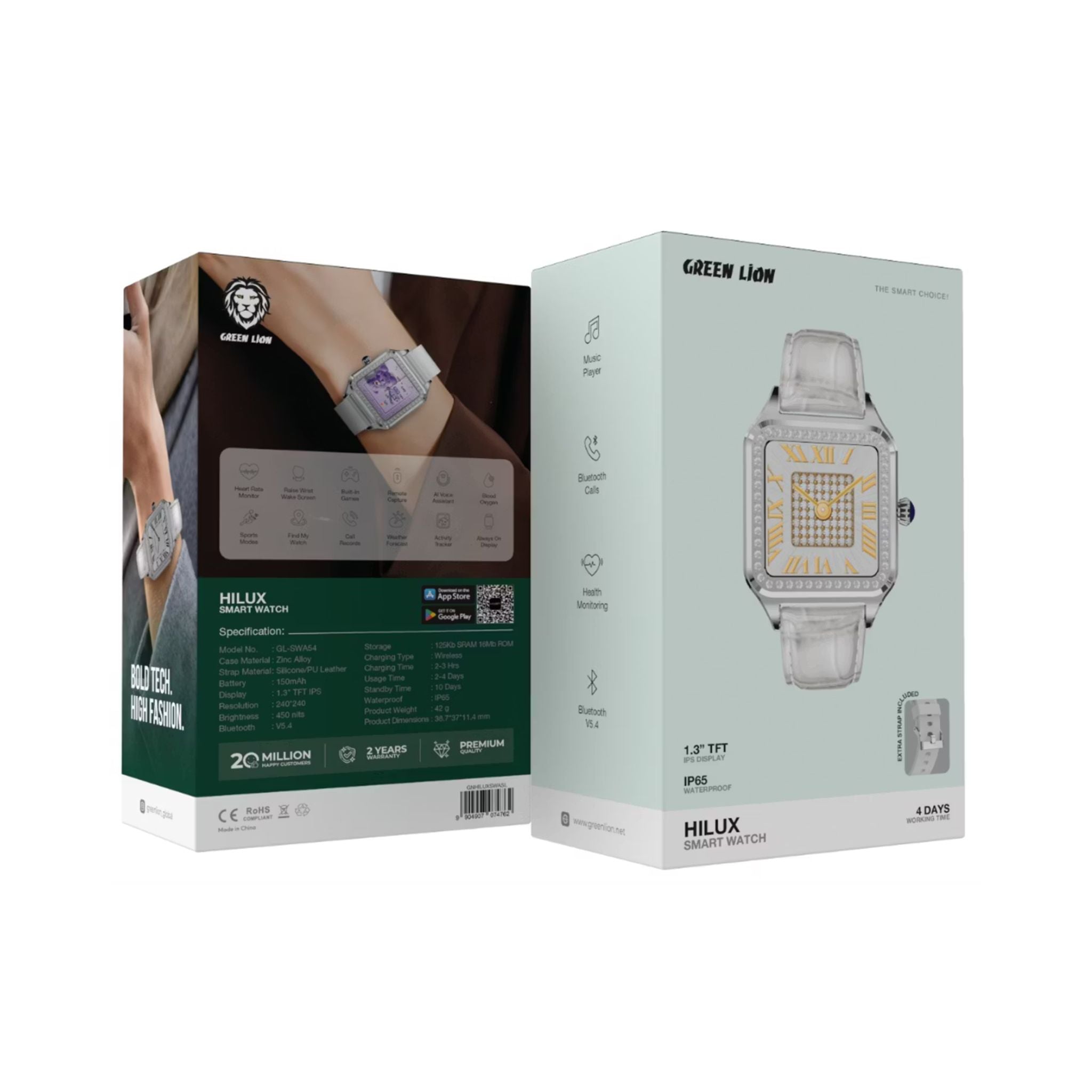 Green Lion Hilux Smart Watch with Extra Strap, 1.3" TFT IPS Display, 2-4 Days Working Time, 450nits Brightness, Sport Modes & Activity Tracking, Health Monitoring, 150mAh Battery, Bluetooth Version 5.4 - Silver