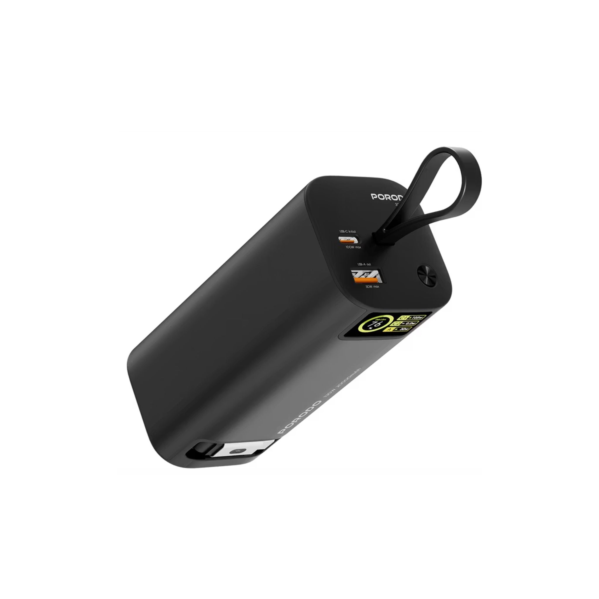 Porodo 20000mAh 130W Power Bank with 1m Retractable Type-C Cable, 100W Power Delivery, Suitable for Laptop Charging, Digital Display - Black