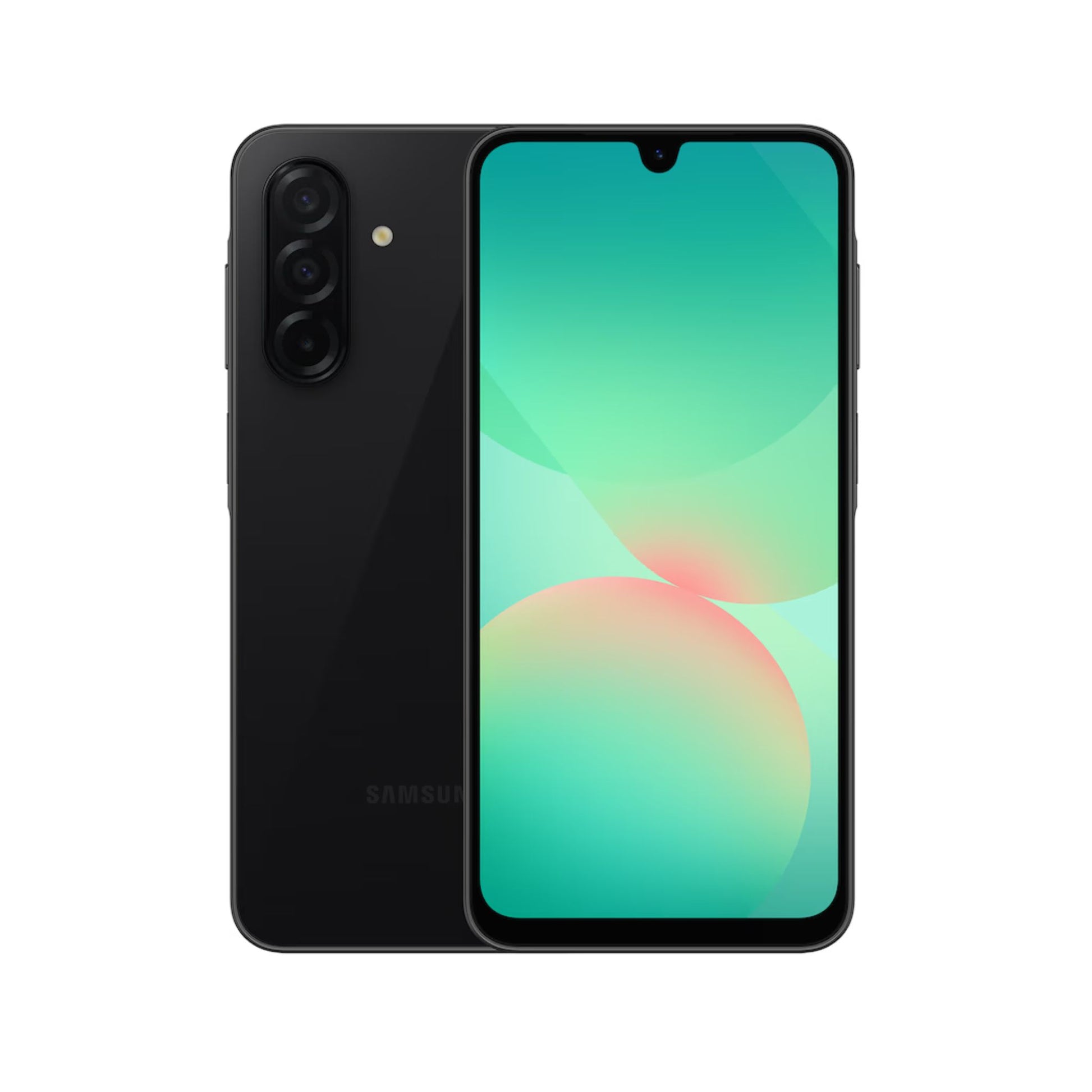 Samsung smartphone showing front and back on a white background