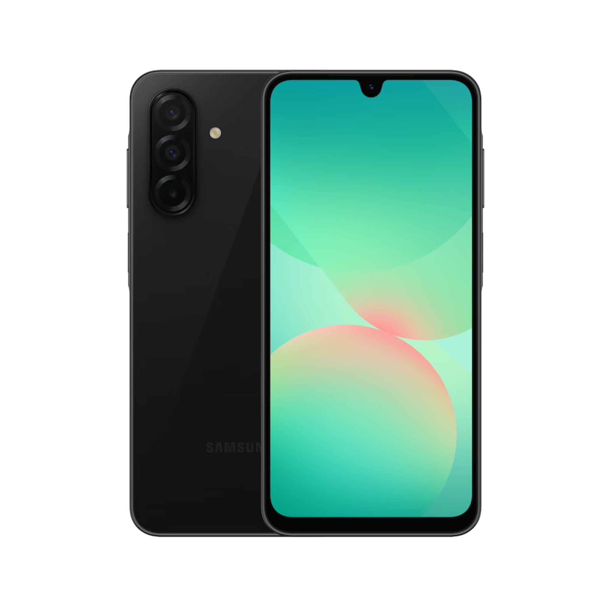 Samsung smartphone showing front and back on a white background