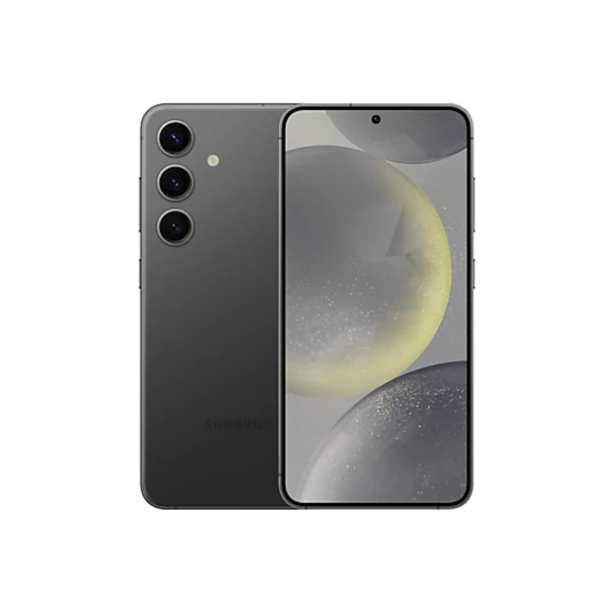 Samsung smartphone showing back and front views on a white background