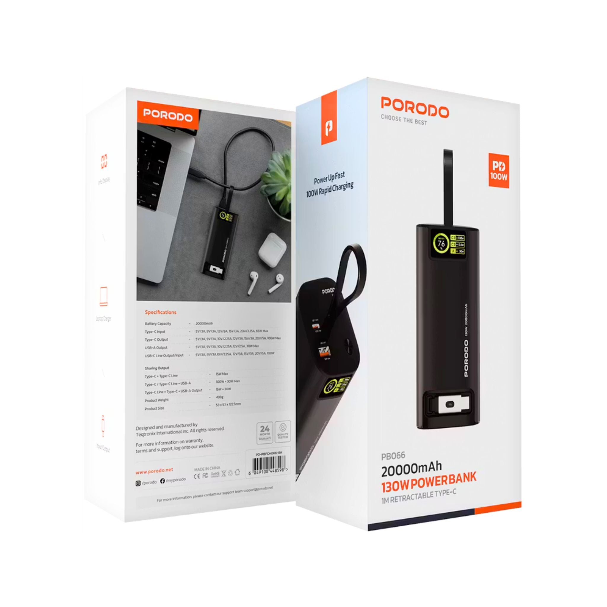 Porodo 20000mAh 130W Power Bank with 1m Retractable Type-C Cable, 100W Power Delivery, Suitable for Laptop Charging, Digital Display - Black