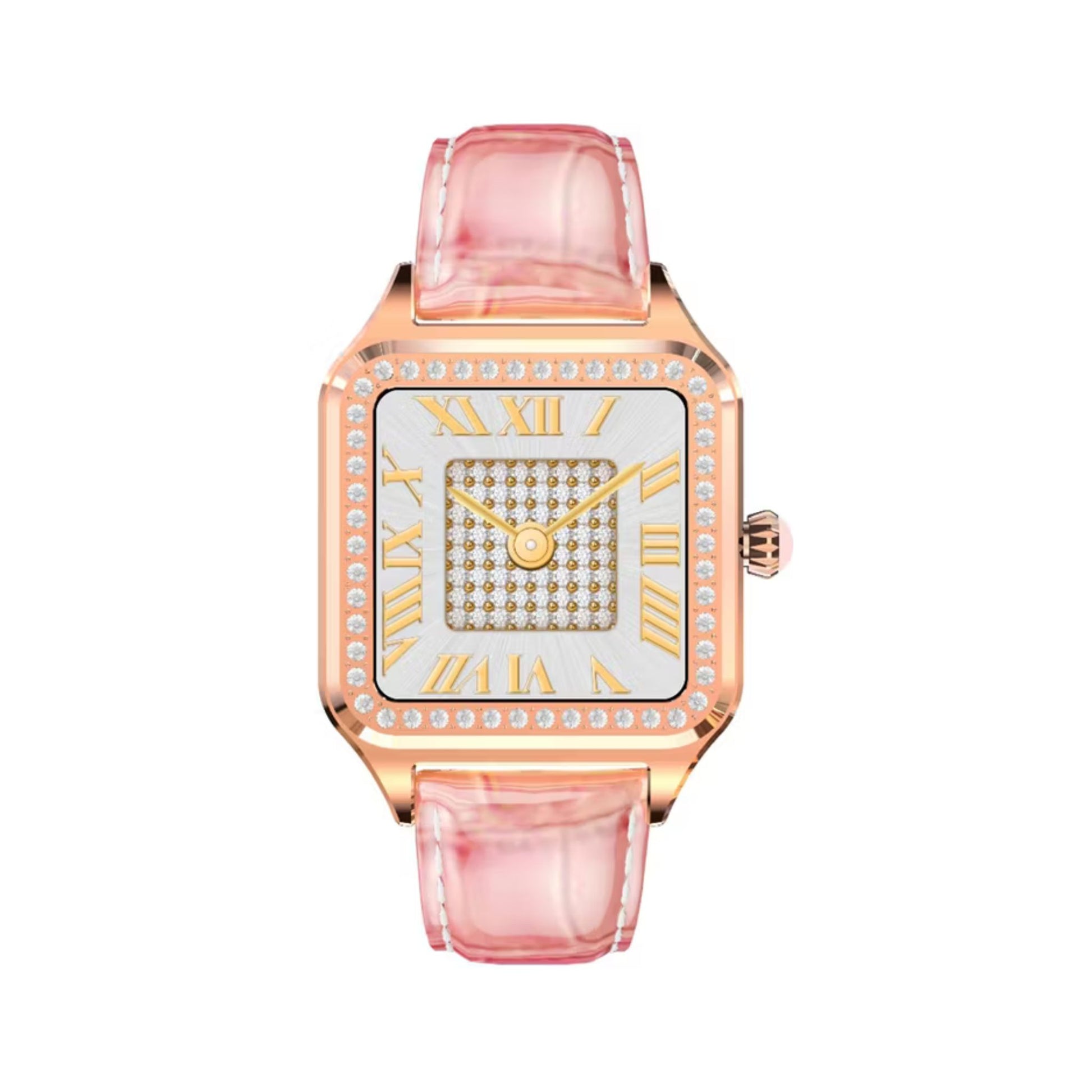 Watch with pink strap and rose gold case on a white background