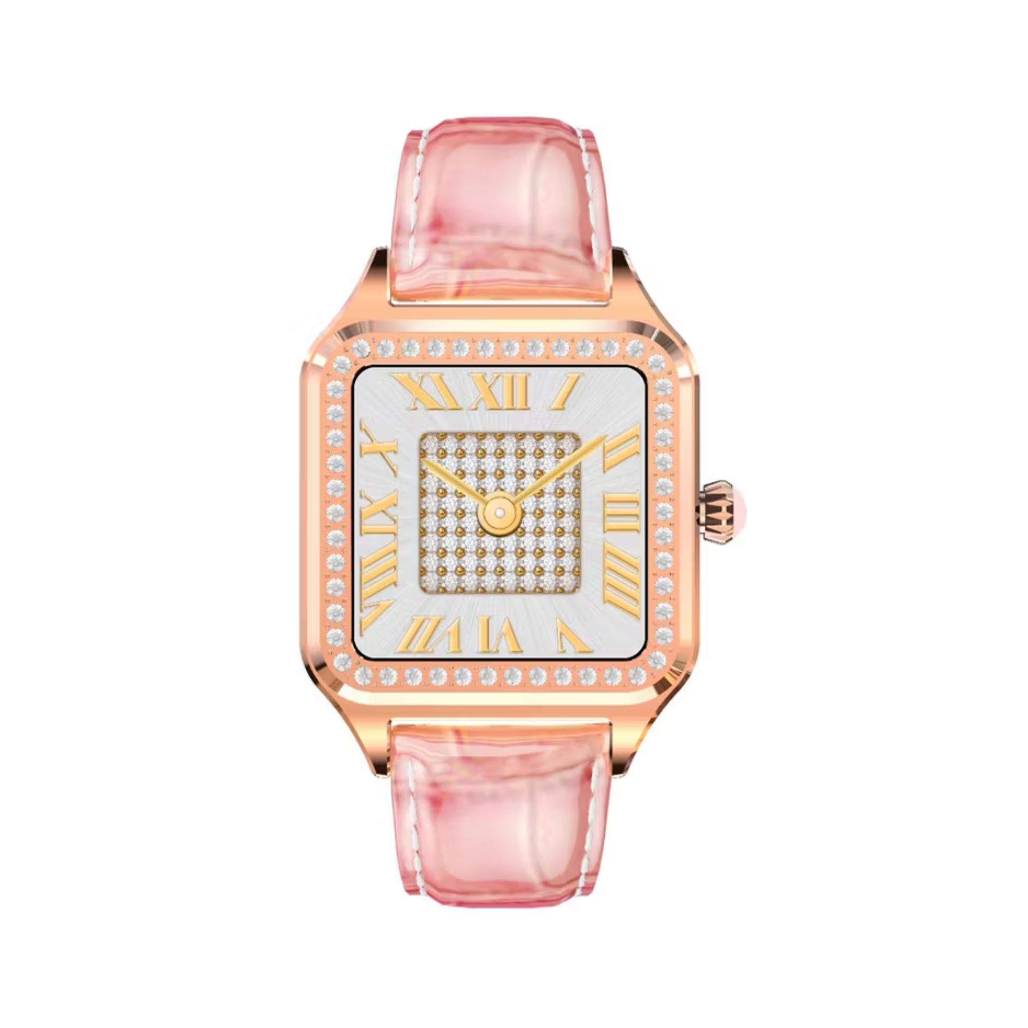 Watch with pink strap and rose gold case on a white background