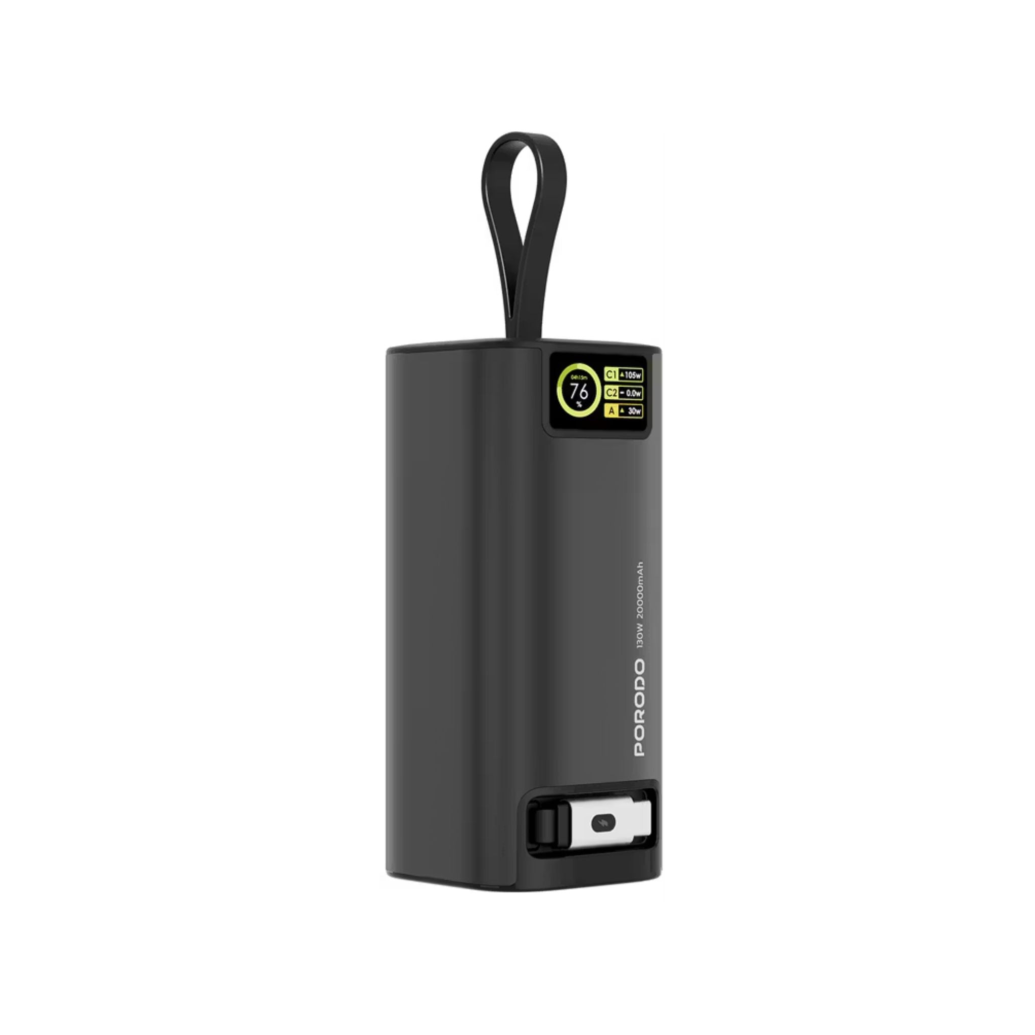 Porodo 20000mAh 130W Power Bank with 1m Retractable Type-C Cable, 100W Power Delivery, Suitable for Laptop Charging, Digital Display - Black