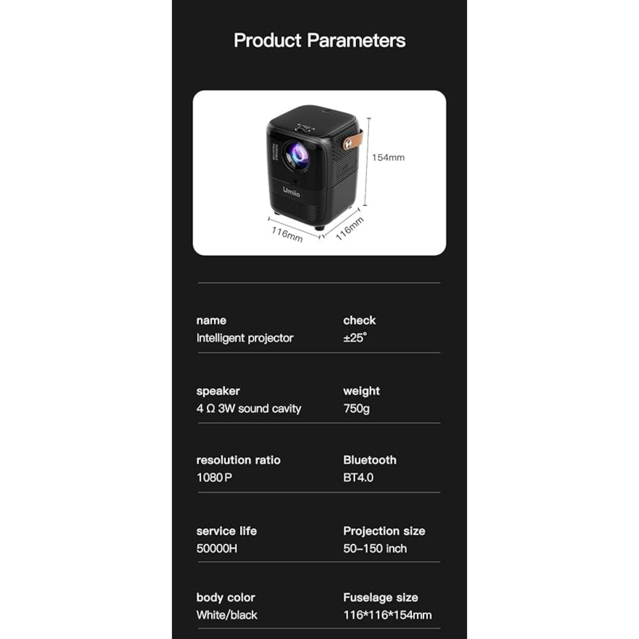 Umiio A008 Intelligent Screen Projector 5G WiFi & Bluetooth, 1080P HD Home Entertainment Hub, Compact Design, Wireless Streaming, Smart Projection, Higher Resolution Brightness, For Move Music TV Game Casting- White