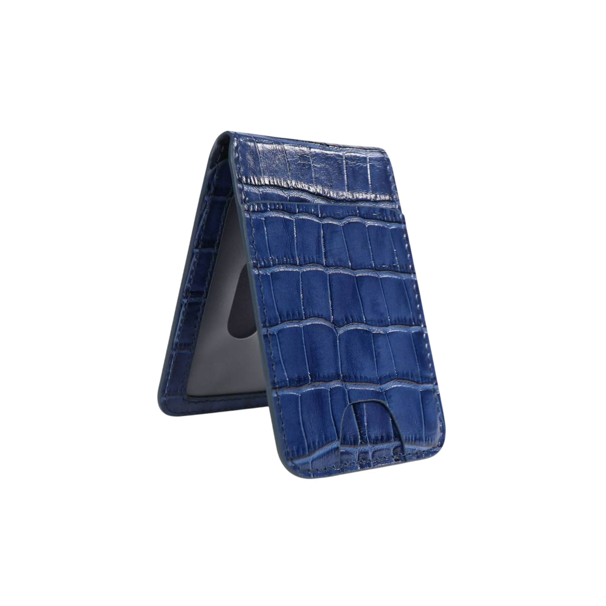 A blue leather magwallet holder with a quilted design and a movable stand.