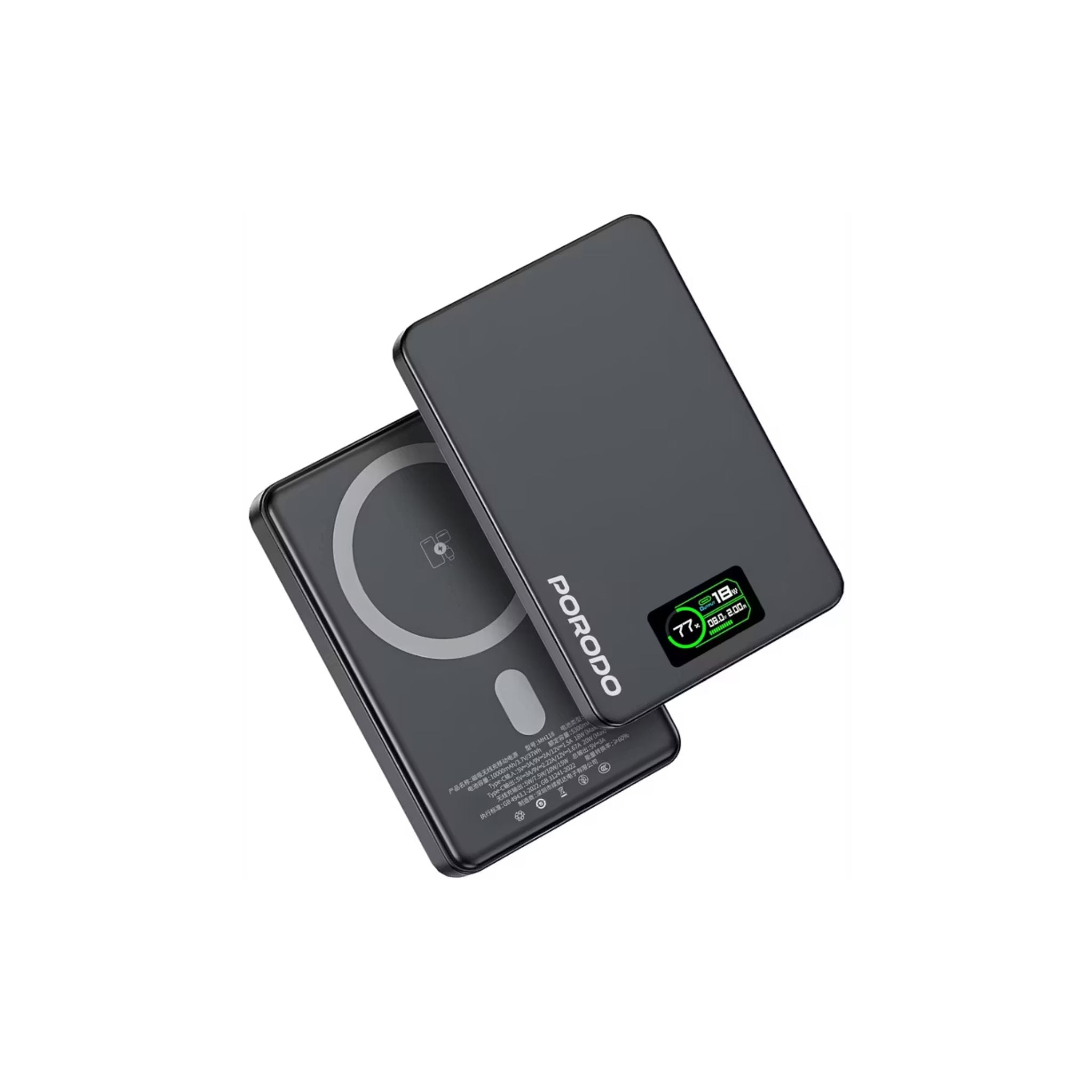 Porodo 10000mAh Power Bank with Real-Time TFT Smart Display, Type-C Input & Output, 20W PD Fast Charging, 15W Wireless Charging, Compatible with MagSafe, Smart Temperature Control - Dark Gray