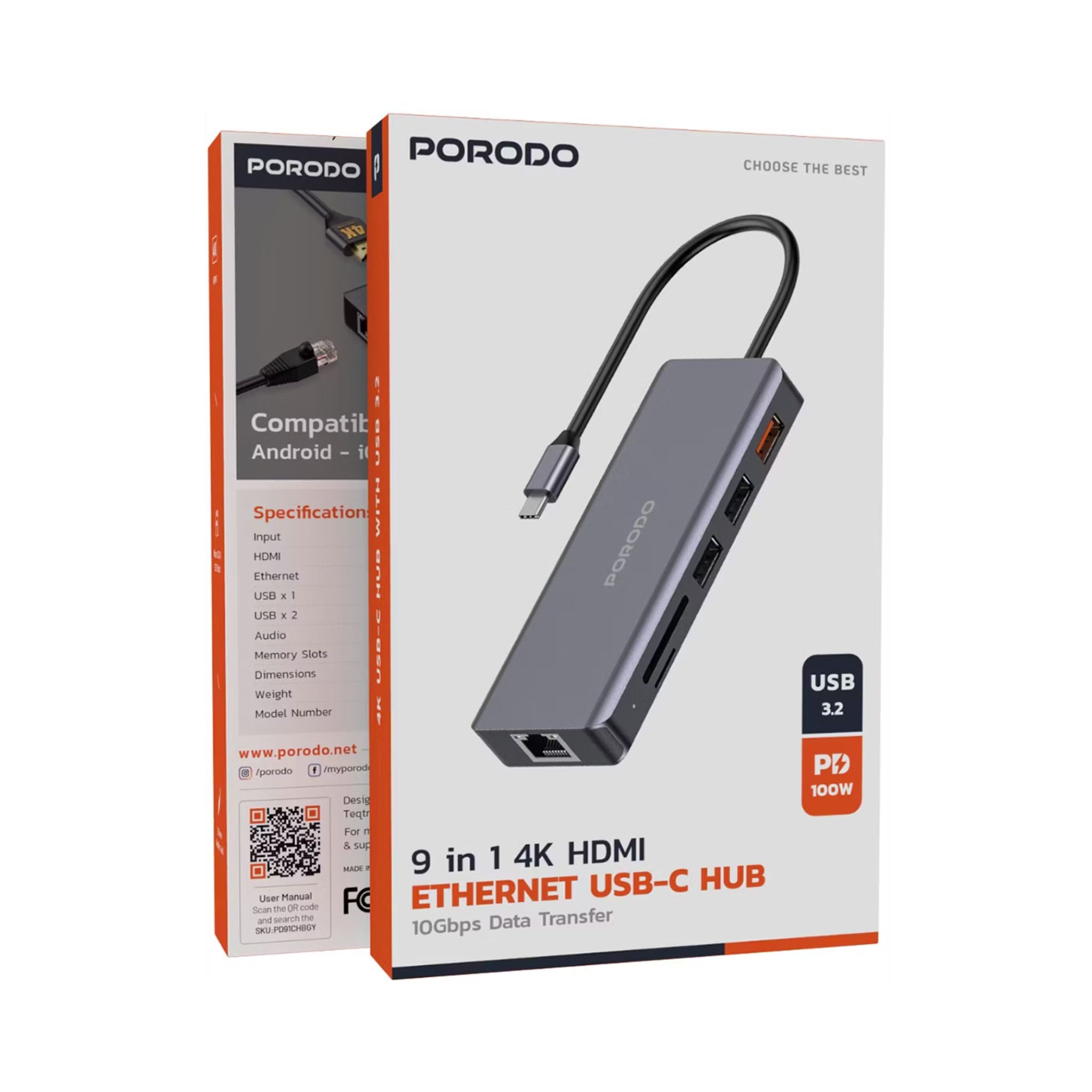 Porodo 9-in-1 USB-C Hub 4K HDMI Ethernet with 100W Power Delivery, 3.5mm Aux, USB-C Version 3.2, 10Gbps Data Transfer Speed, SD & Micro SD Memory Slot - Gray