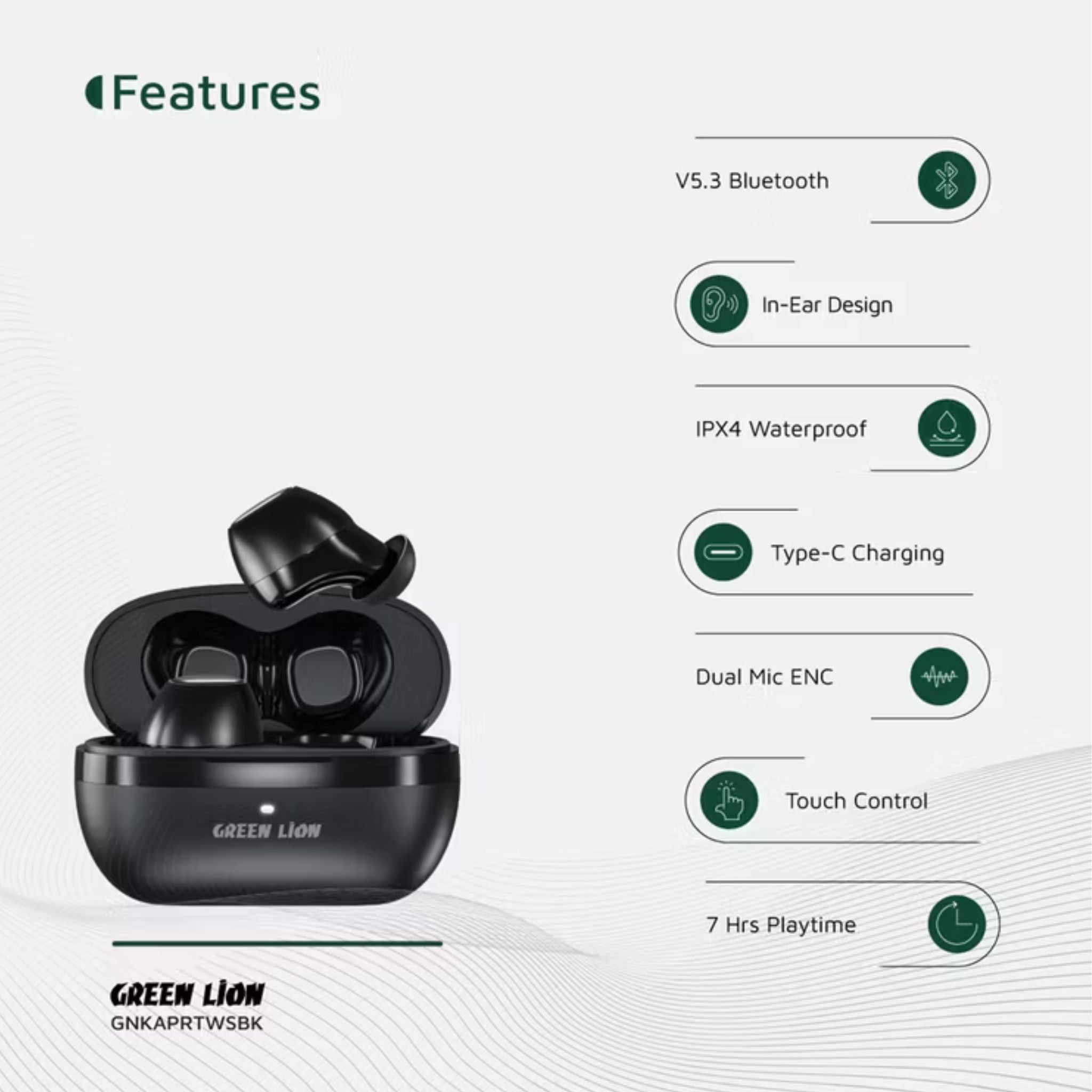 Green Lion Kaprun True Wireless Earbuds with Environmental Noise Cancellation, Up to 7 Hours of Playtime, 5.3 Bluetooth Version, IPX4 Waterproof, In-Ear Design - Black