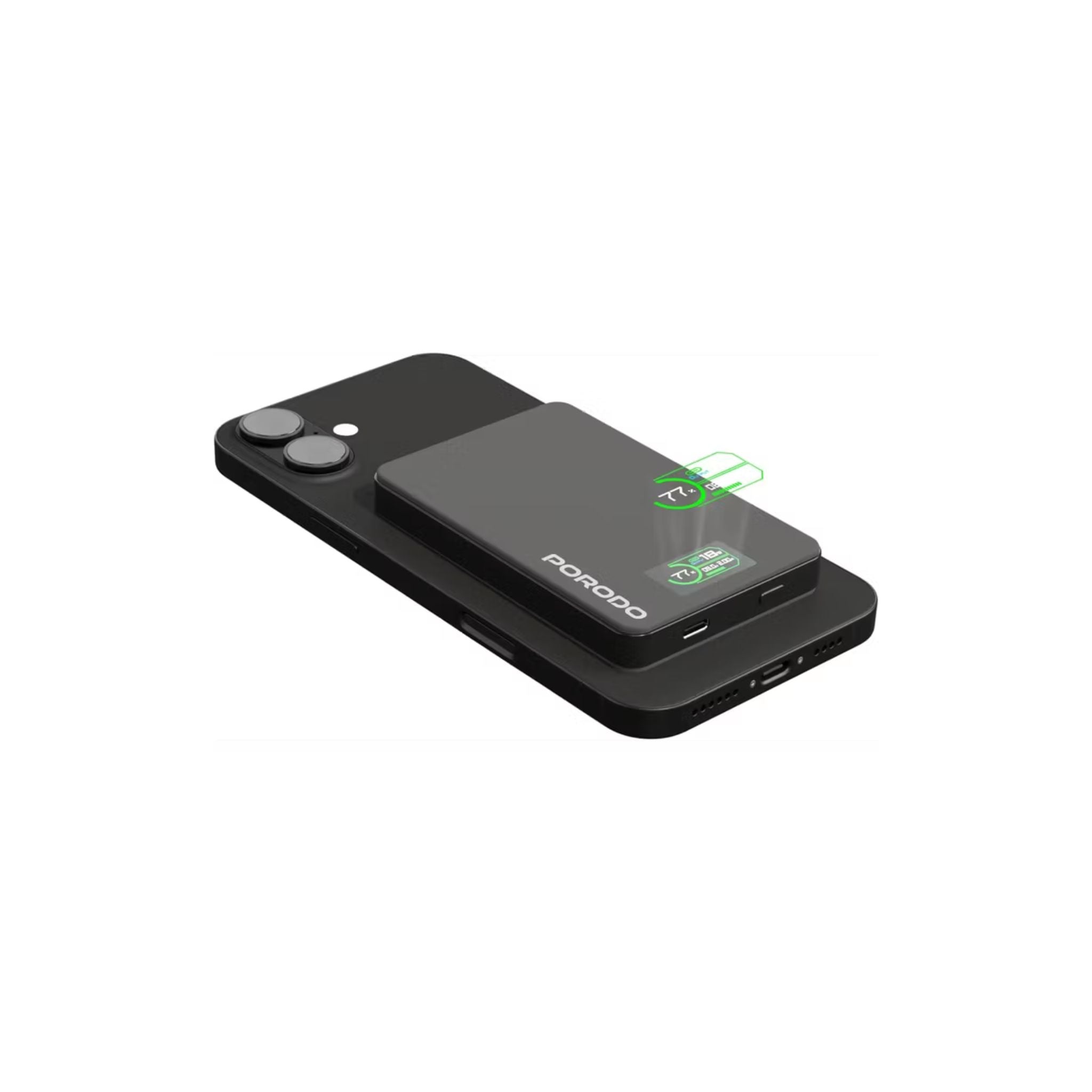 Porodo 10000mAh Power Bank with Real-Time TFT Smart Display, Type-C Input & Output, 20W PD Fast Charging, 15W Wireless Charging, Compatible with MagSafe, Smart Temperature Control - Dark Gray