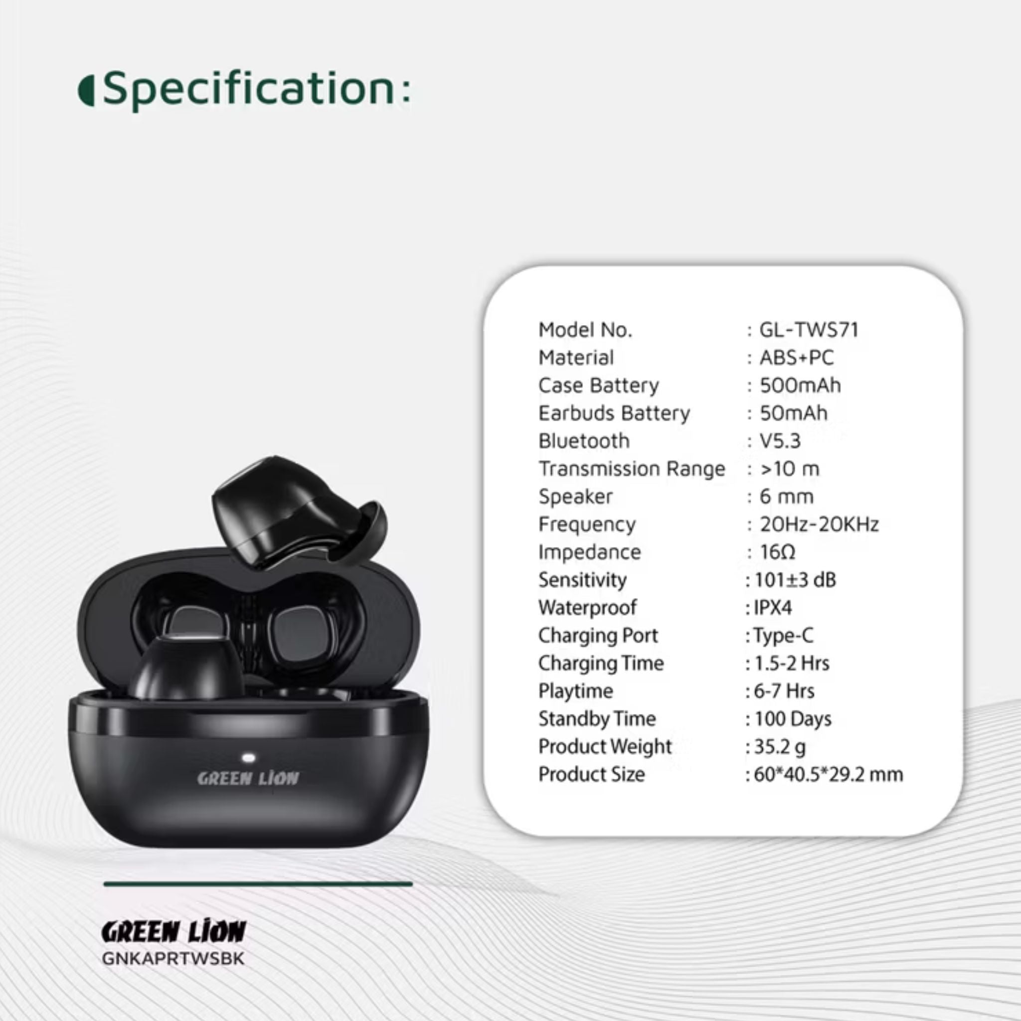 Green Lion Kaprun True Wireless Earbuds with Environmental Noise Cancellation, Up to 7 Hours of Playtime, 5.3 Bluetooth Version, IPX4 Waterproof, In-Ear Design - Black