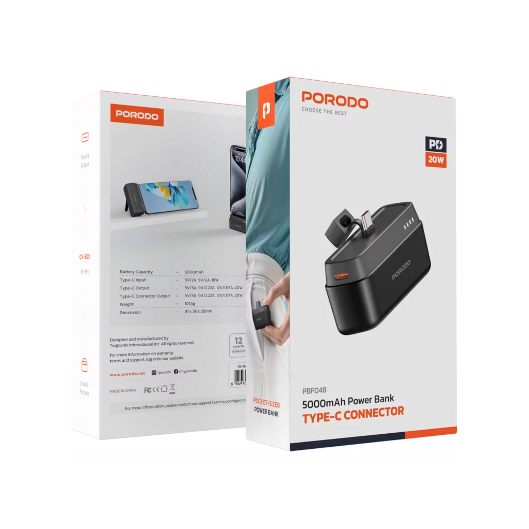 Porodo 5000mAh Power Bank with Type-C Connector, 20W Power Delivery, Small & Portable, 0% to 60% Charge in 35 Minutes, Pocket-Sized - Black
