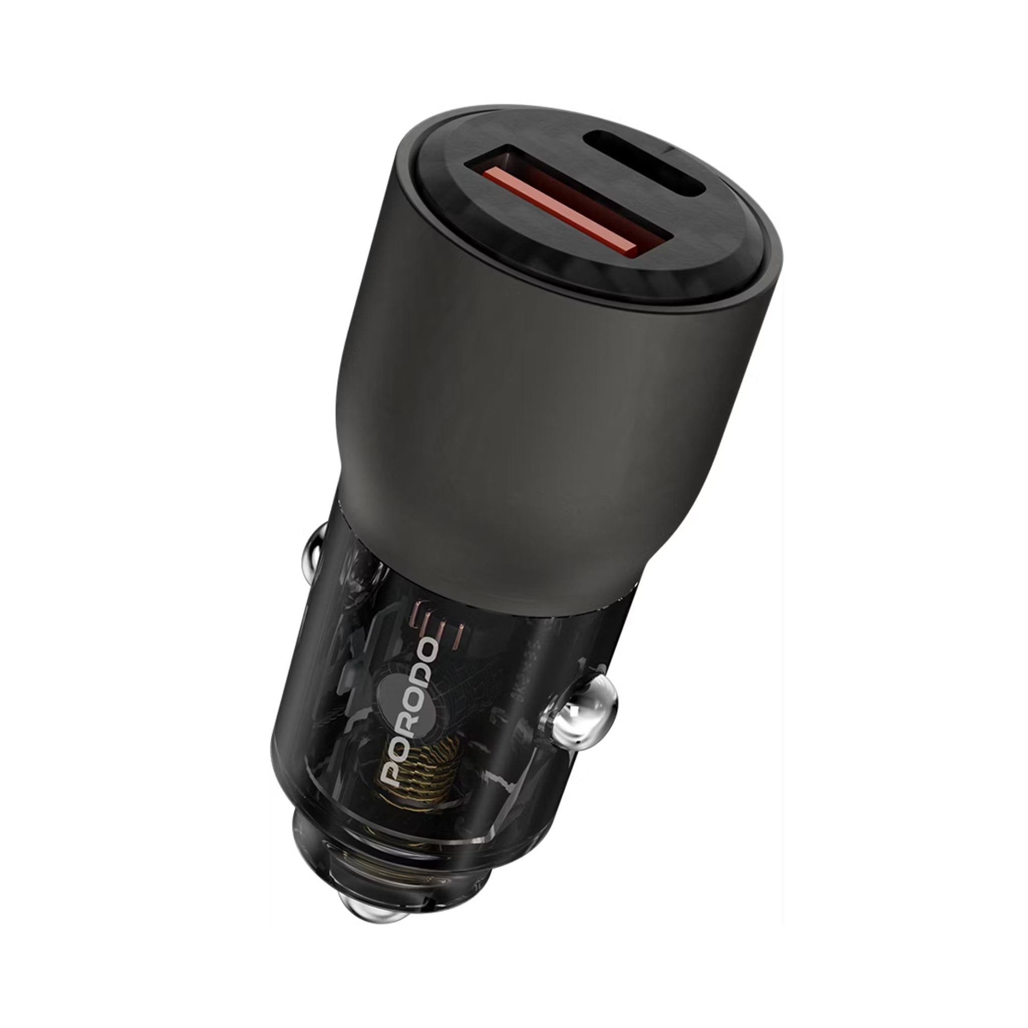 Porodo 95W Transparent Car Charger, Zinc Alloy & PC Material, 30W USB-A & 65W USB-C Outputs, Simultaneous Fast Charging, Universal Compatibility - Gray
