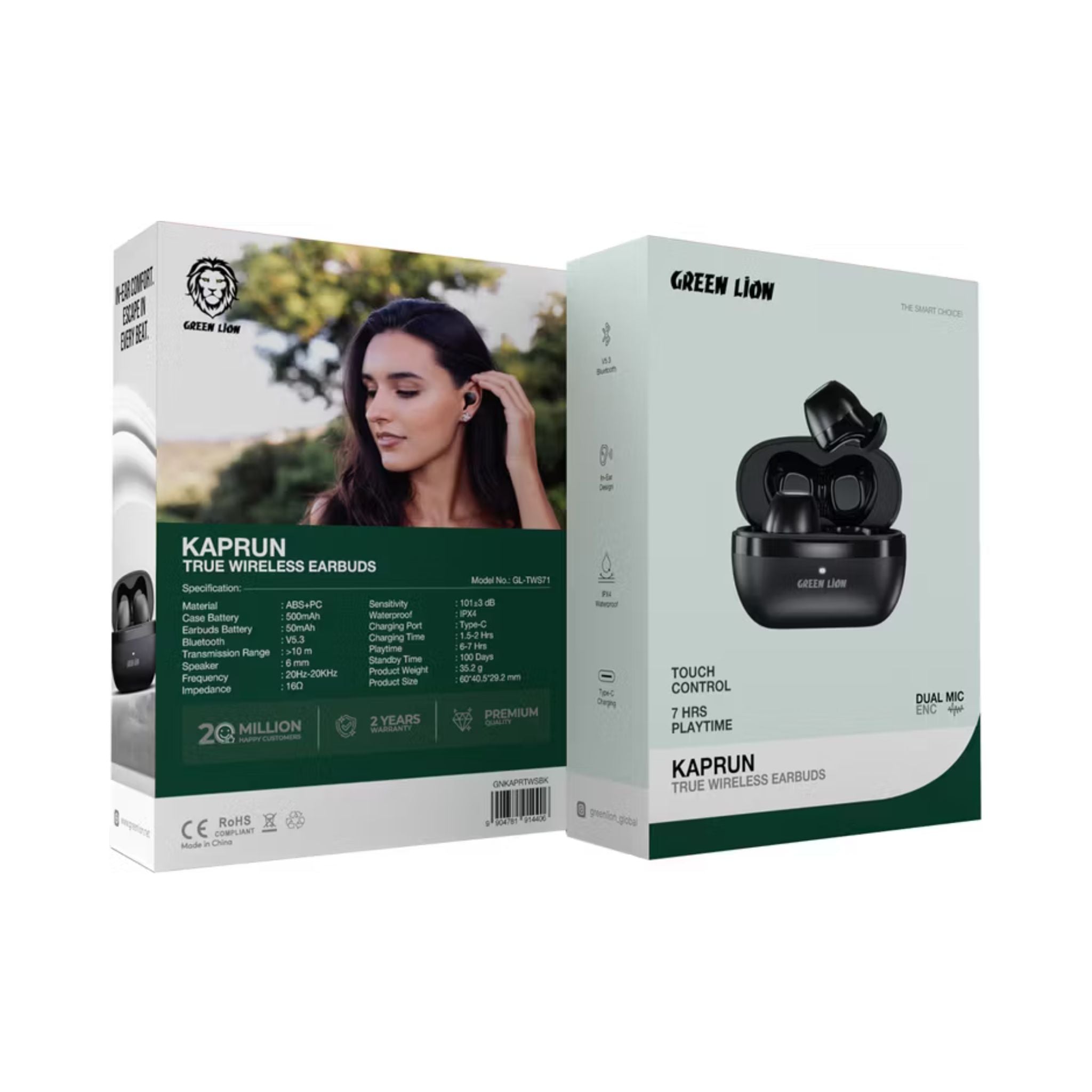 Green Lion Kaprun True Wireless Earbuds with Environmental Noise Cancellation, Up to 7 Hours of Playtime, 5.3 Bluetooth Version, IPX4 Waterproof, In-Ear Design - Black