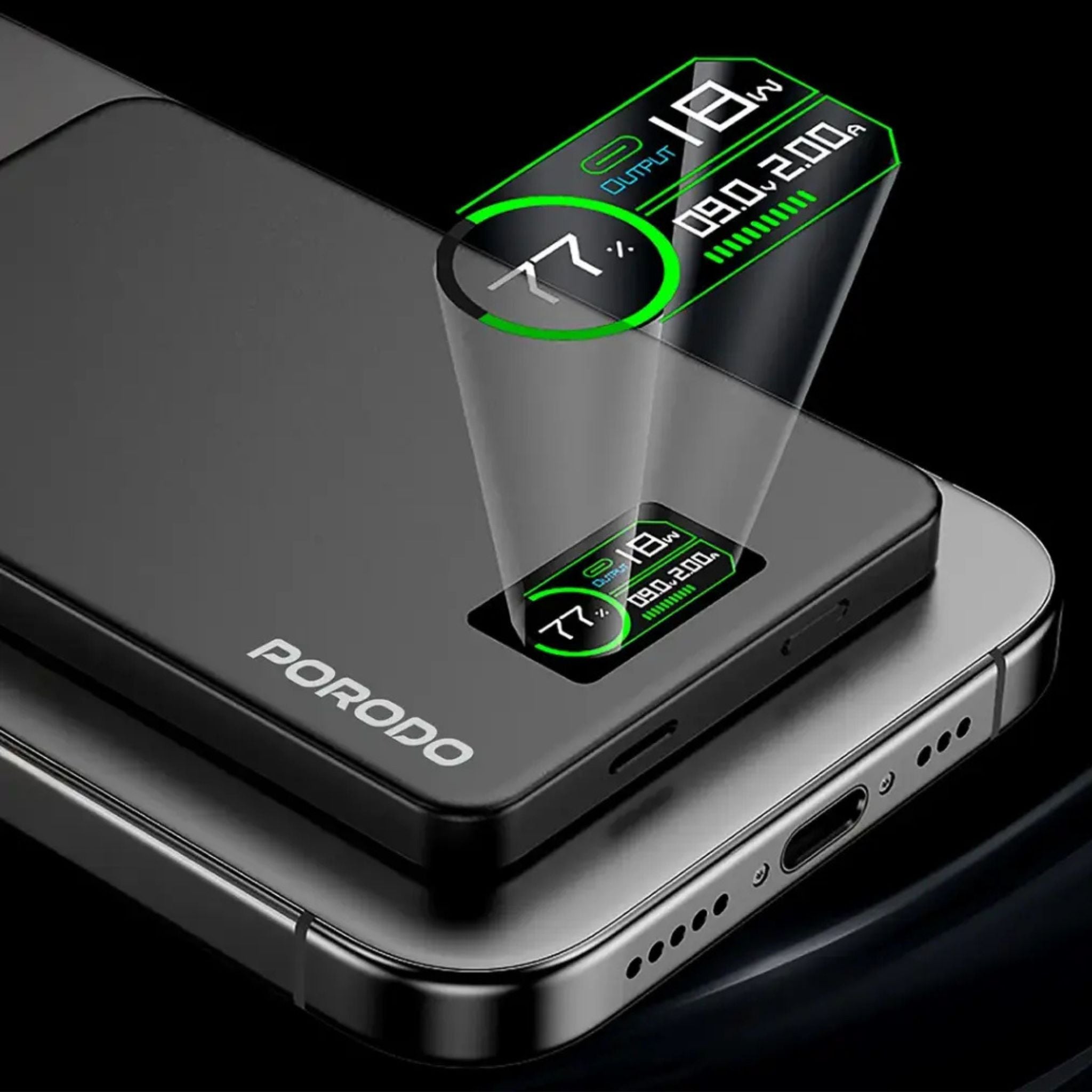 Porodo 10000mAh Power Bank with Real-Time TFT Smart Display, Type-C Input & Output, 20W PD Fast Charging, 15W Wireless Charging, Compatible with MagSafe, Smart Temperature Control - Dark Gray