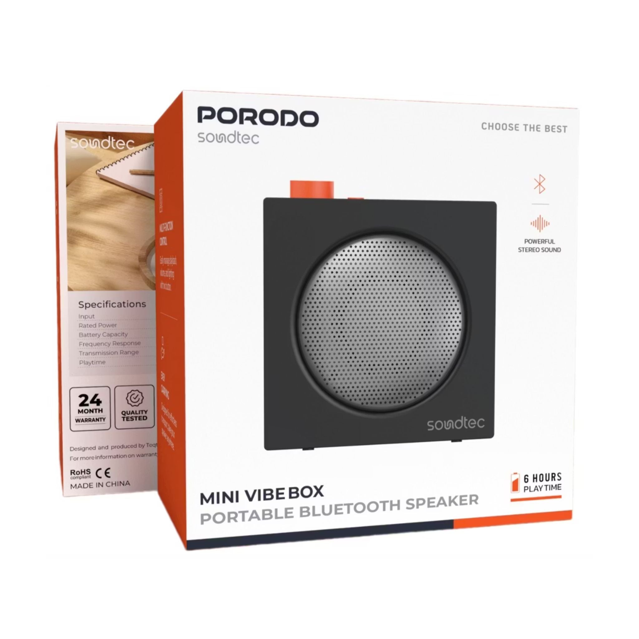 Porodo Mini VibeBox Portable Bluetooth Speaker with TF Card Slot, Up to 6 Hours Play Time, Bluetooth Version 5.4, 10m Transmission Range, 5W Rated Power, Powerful Stereo Sound, Multi-Function Control - Black