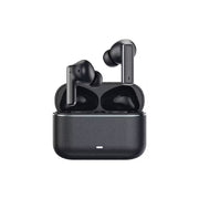 Black wireless earbuds with charging case on a white background