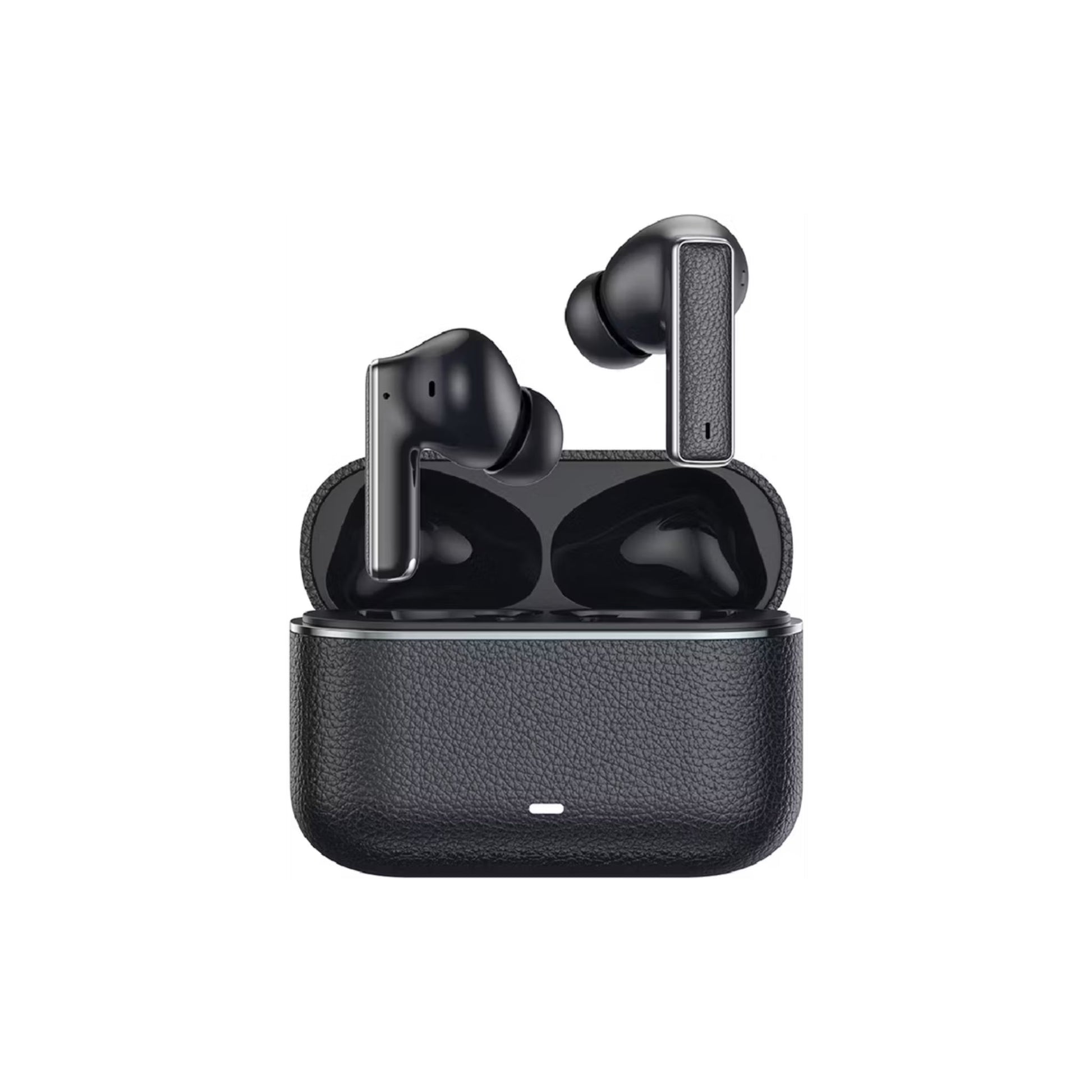 Black wireless earbuds with charging case on a white background