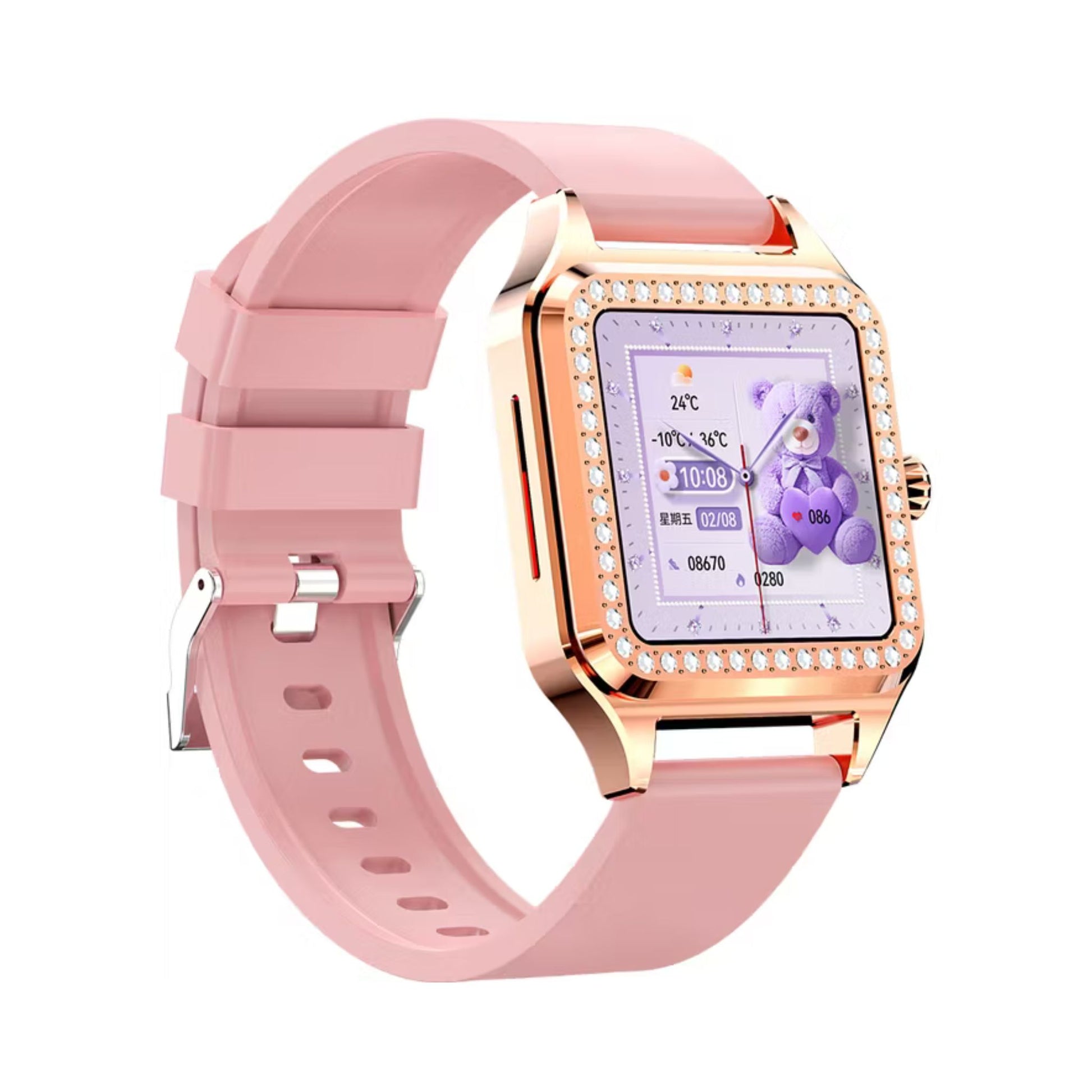 Smartwatch with a pink strap and rose gold frame on a white background