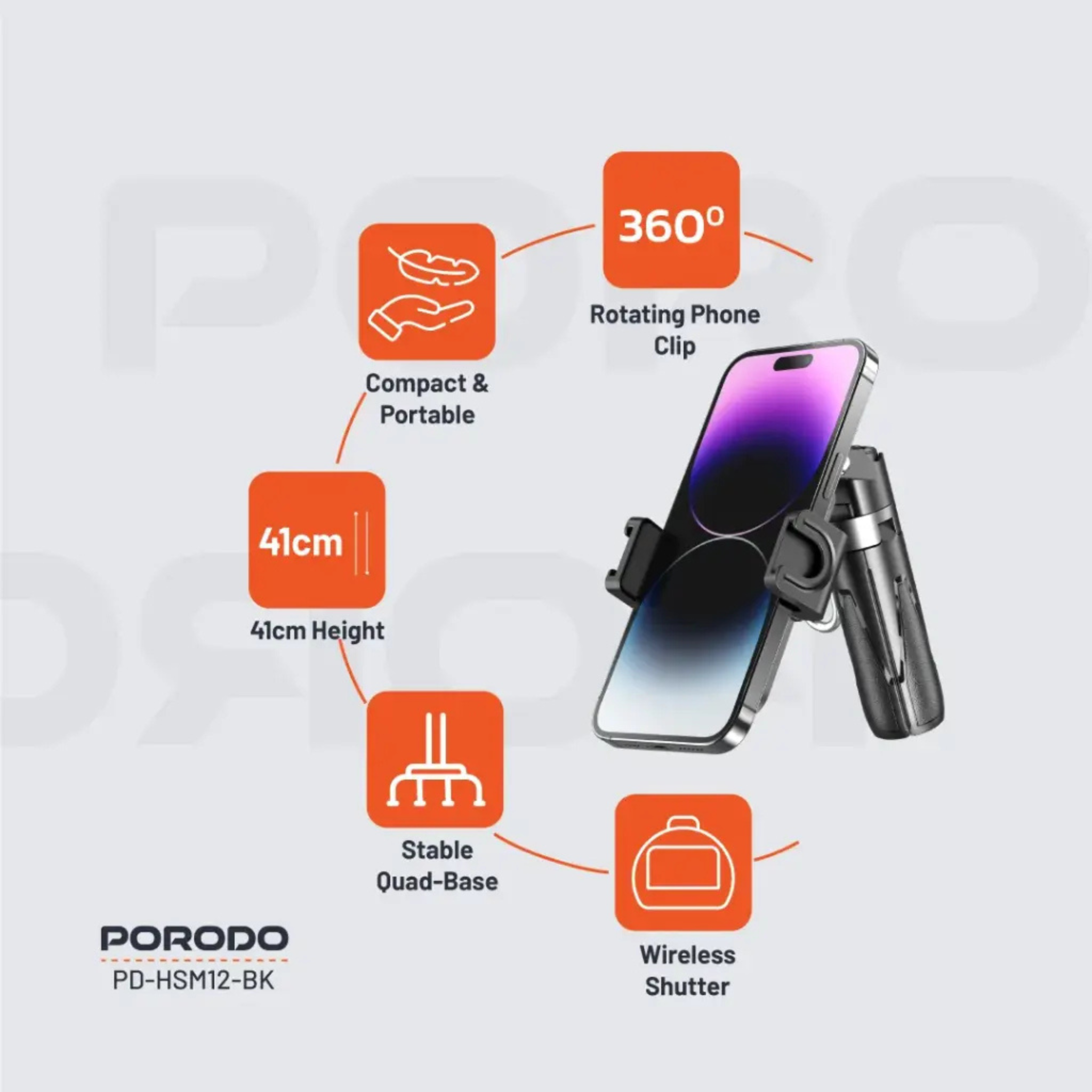 Porodo Foldable Selfie Stick with Tripod, ABS & Aluminum Alloy Material, Up to 5,000 photos Working Time, 1Hour Charging Time - Black