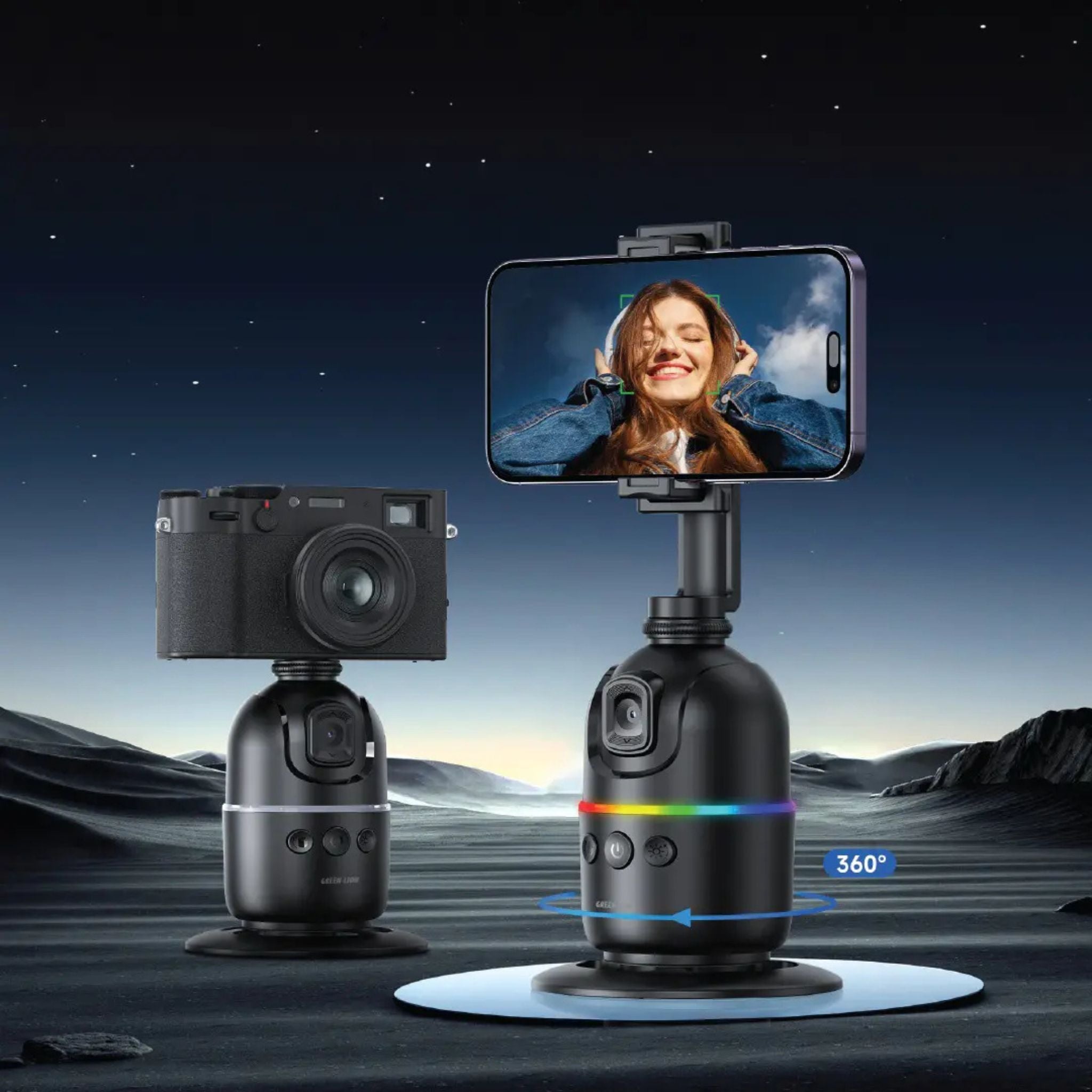 Green Lion Auto Track Gimbal, Multi-Device Support, Face Tracking, Gesture Detection, 3W Power, 1200mAh Battery, 1-4m Range, 6.5-9.5cm Phone Holder, Type-C Charging Port - Black