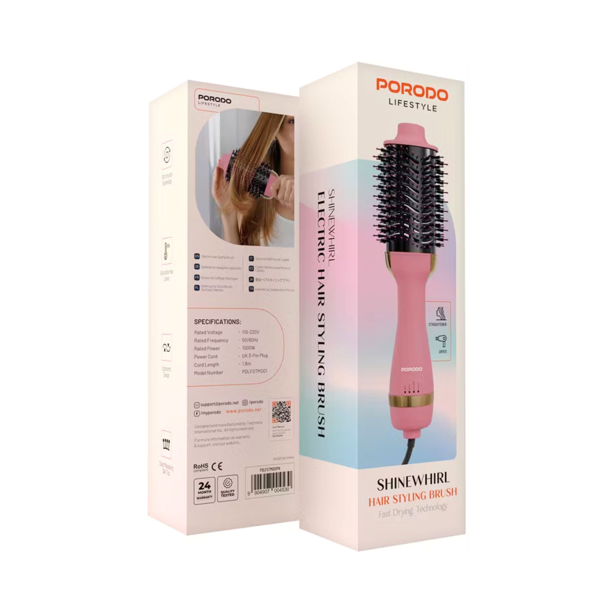 Porodo Shinewhirl Electric Hair Styling Brush with Hair Straightener Brush & Dryer, 3-Pin UK Plug, 1.8m Cord Length, Adjustable Heat Levels, Scalp Massaging Ball Tips, Ergonomic Design - Pink