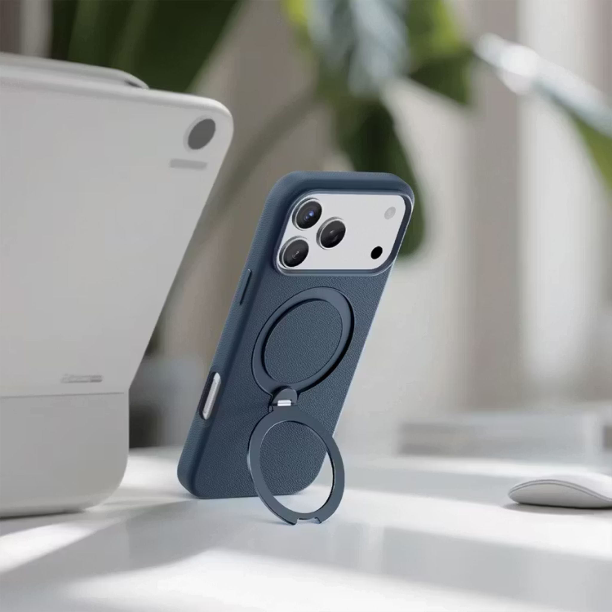 Green Lion Minster Leather MagSafe Case with Foldable Stand Design for iPhone 17 Pro Max, Anti-Fingerprint, 360° Rotatable Stand, Anti-Scratch, Camera Protection, Comfortable Grip - Blue