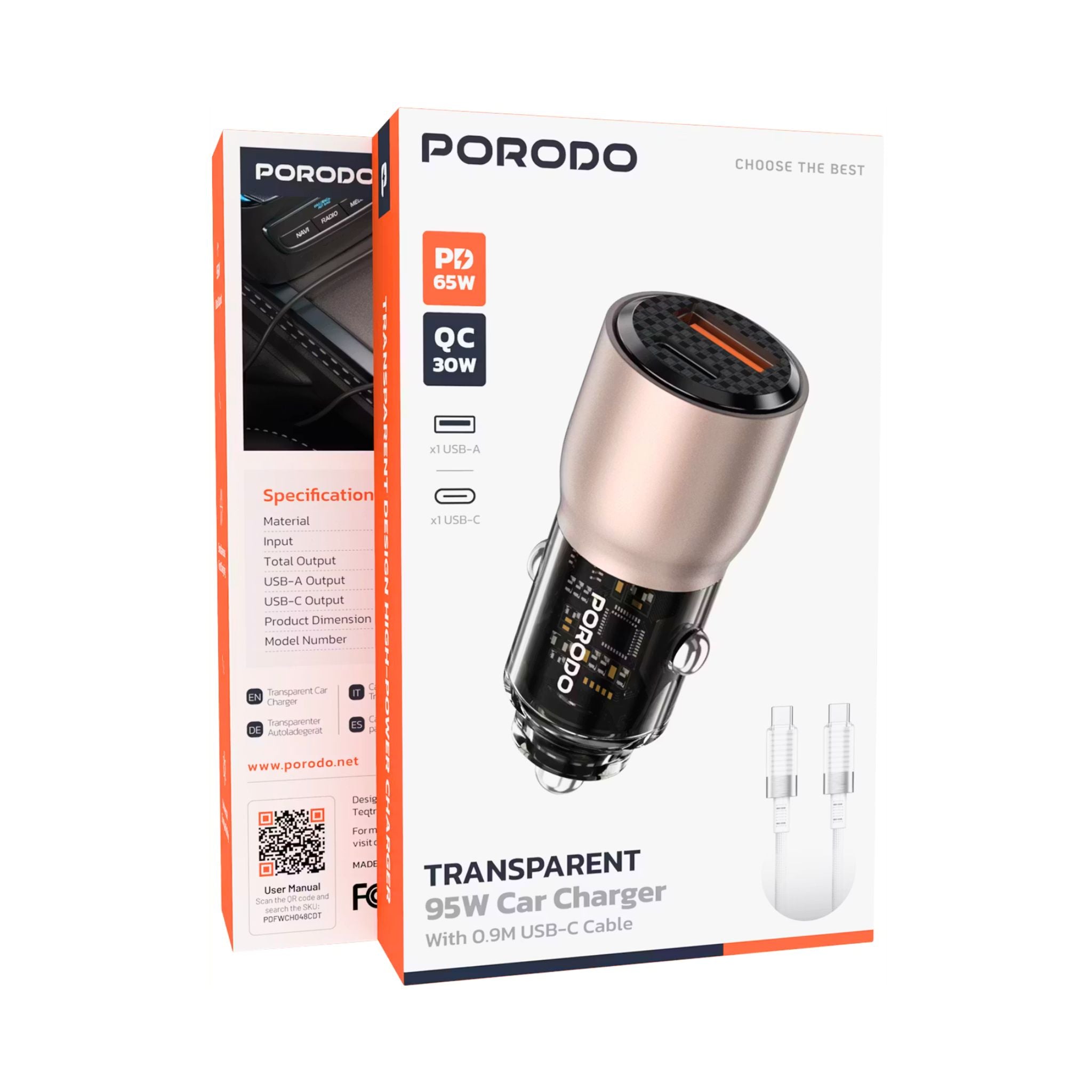 Porodo 95W Transparent Car Charger with 90cm USB-C to USB-C Cable, Zinc Alloy & PC Material, 30W USB-A & 65W USB-C Outputs, Simultaneous Fast Charging, Universal Compatibility - Desert Titanium