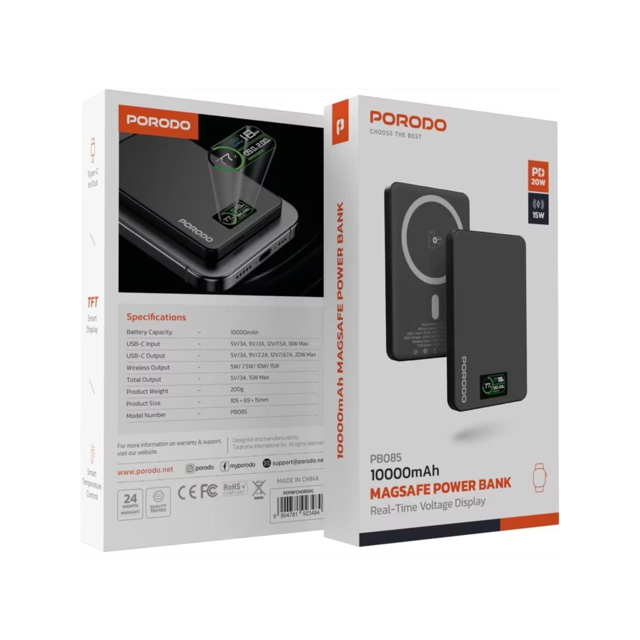 Porodo 10000mAh Power Bank with Real-Time TFT Smart Display, Type-C Input & Output, 20W PD Fast Charging, 15W Wireless Charging, Compatible with MagSafe, Smart Temperature Control - Dark Gray
