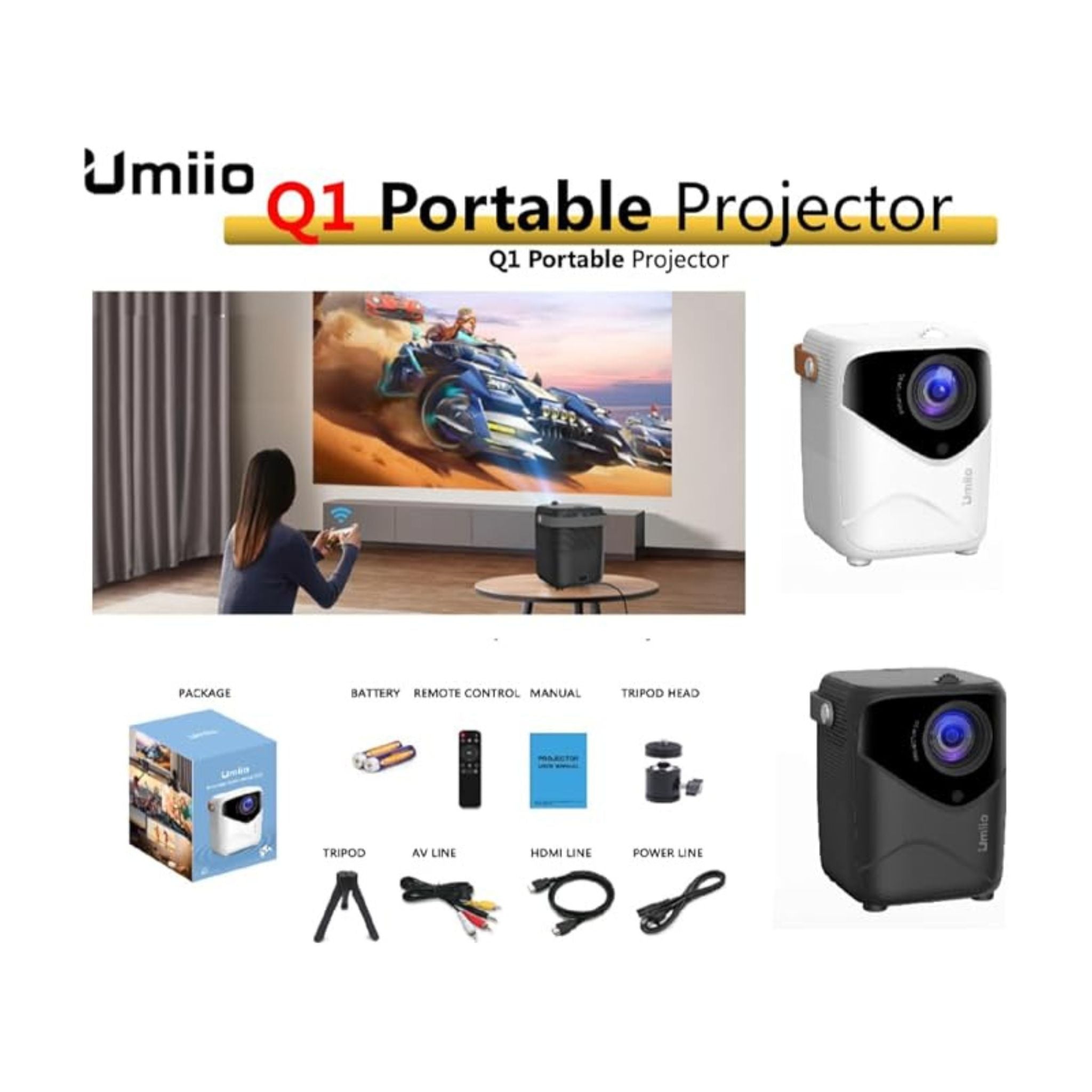 Umiio Q1 Portable Video Projector 2.4/5G WiFi Bluetooth Quadrangle Trapezoid 0.8-5M Projection Distance 1920 * 1080 Resolution Android Projector For Movie Music TV Game Casting with Tripod _Black