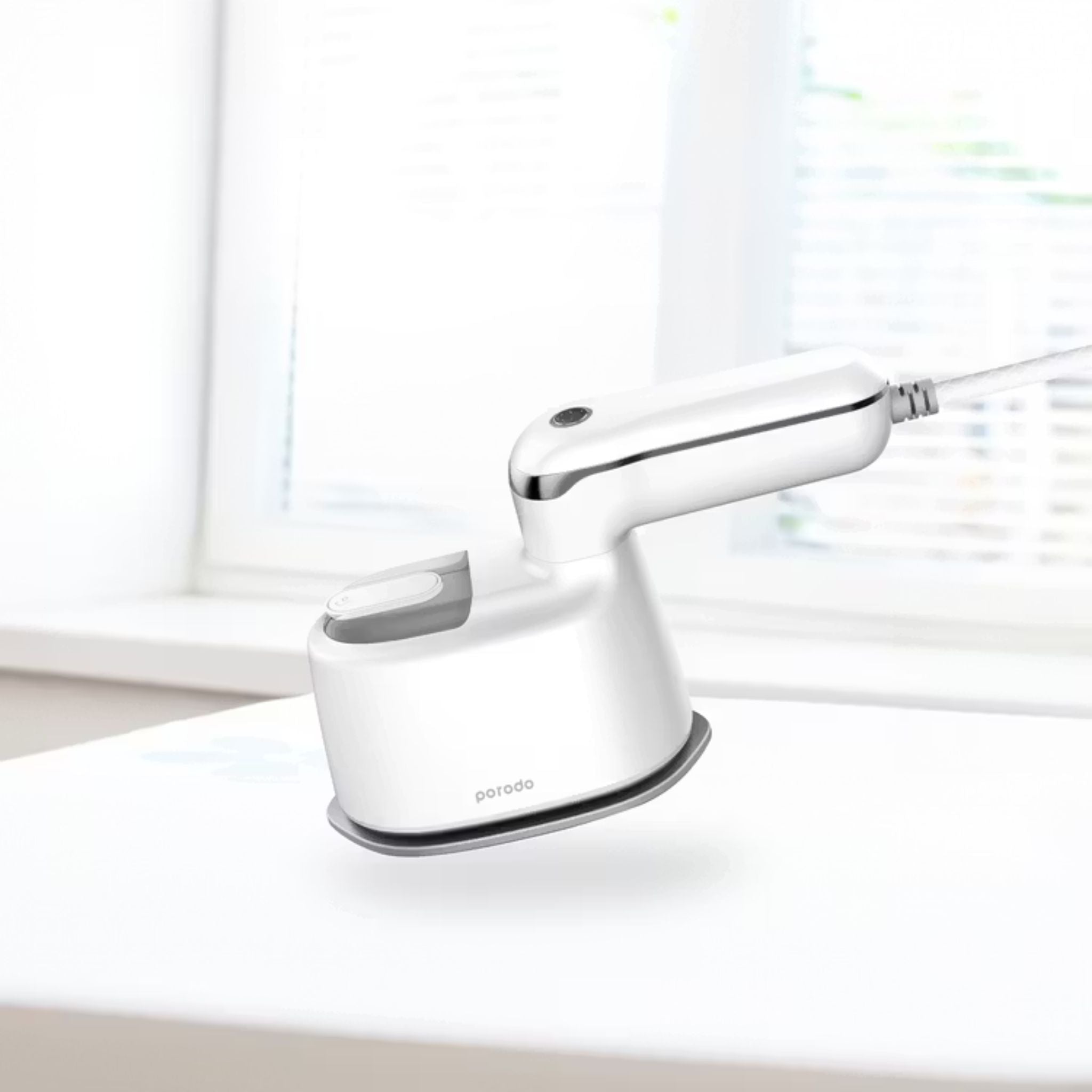 Porodo Compact Portable Steam & Heat Iron With Rotating Handle Patented Design with 120ML Water Tank Capacity, Ceramic Soleplate Handheld Steam Flat Iron Dry & Wet, Garment Steamer 1100W - White
