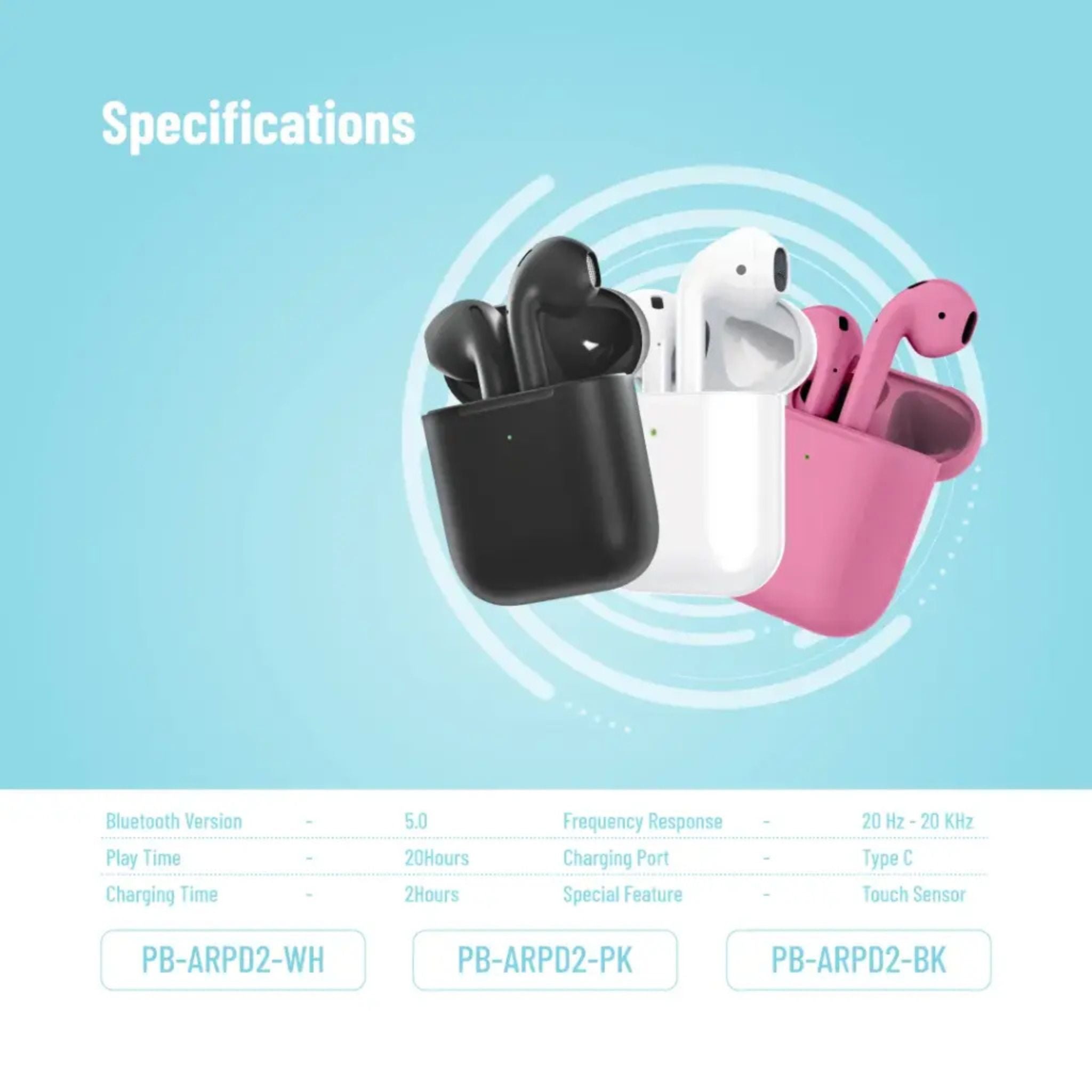 Porodo Blue Deep Bass Wireless Earbuds 2, One-Step Pairing, Comfortable Fit, Independent Earbuds, Touch Control, Deep Bass - Pink